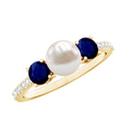 Rosec Jewels-Natural Freshwater Pearl and Blue Sapphire 3 Stone Engagement Ring with Diamond