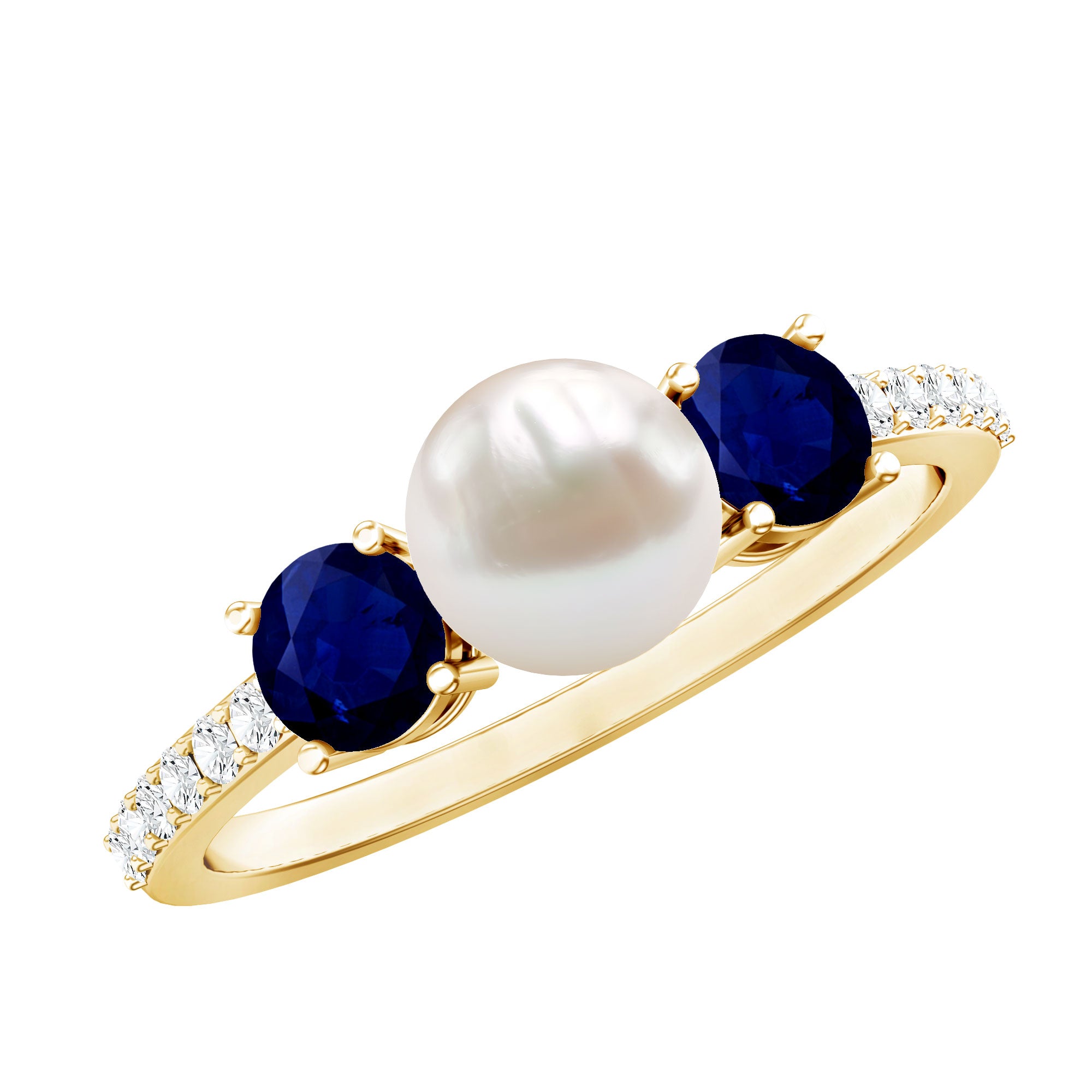 Rosec Jewels-Natural Freshwater Pearl and Blue Sapphire 3 Stone Engagement Ring with Diamond