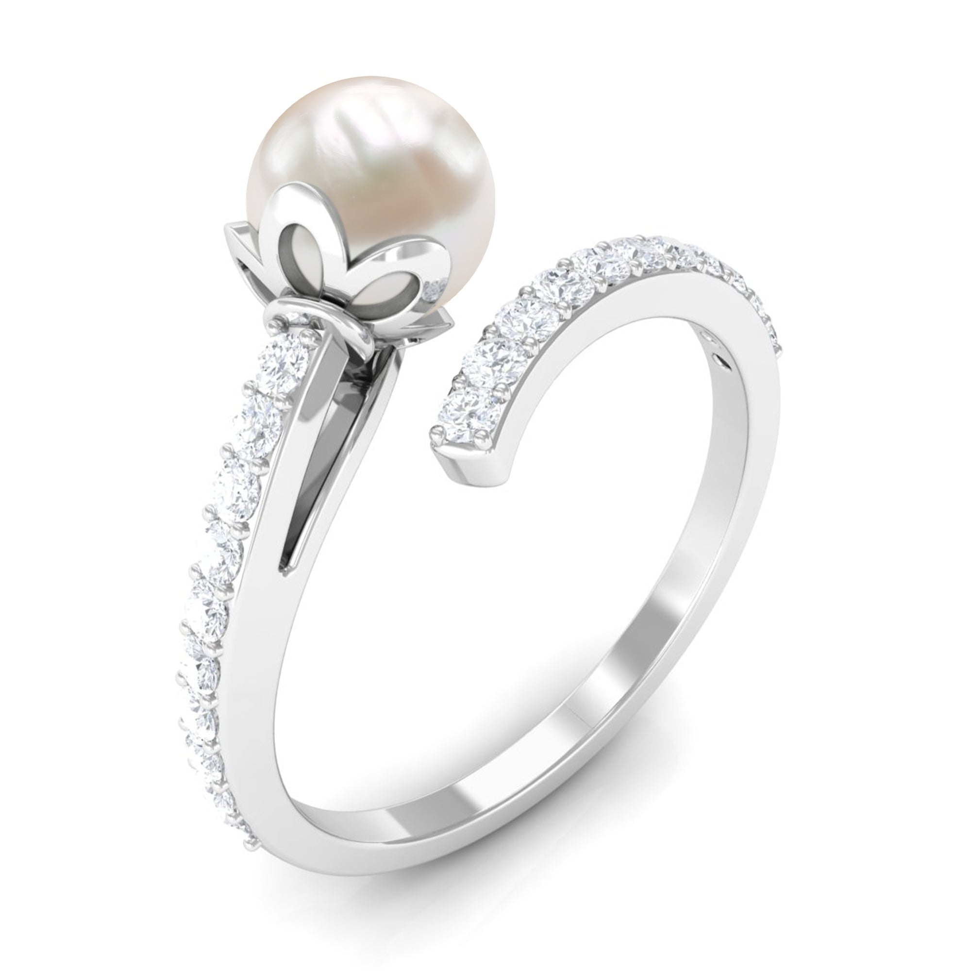 Rosec Jewels-Natural 2 Carat Freshwater Pearl Wrap Engagement Ring with Diamond