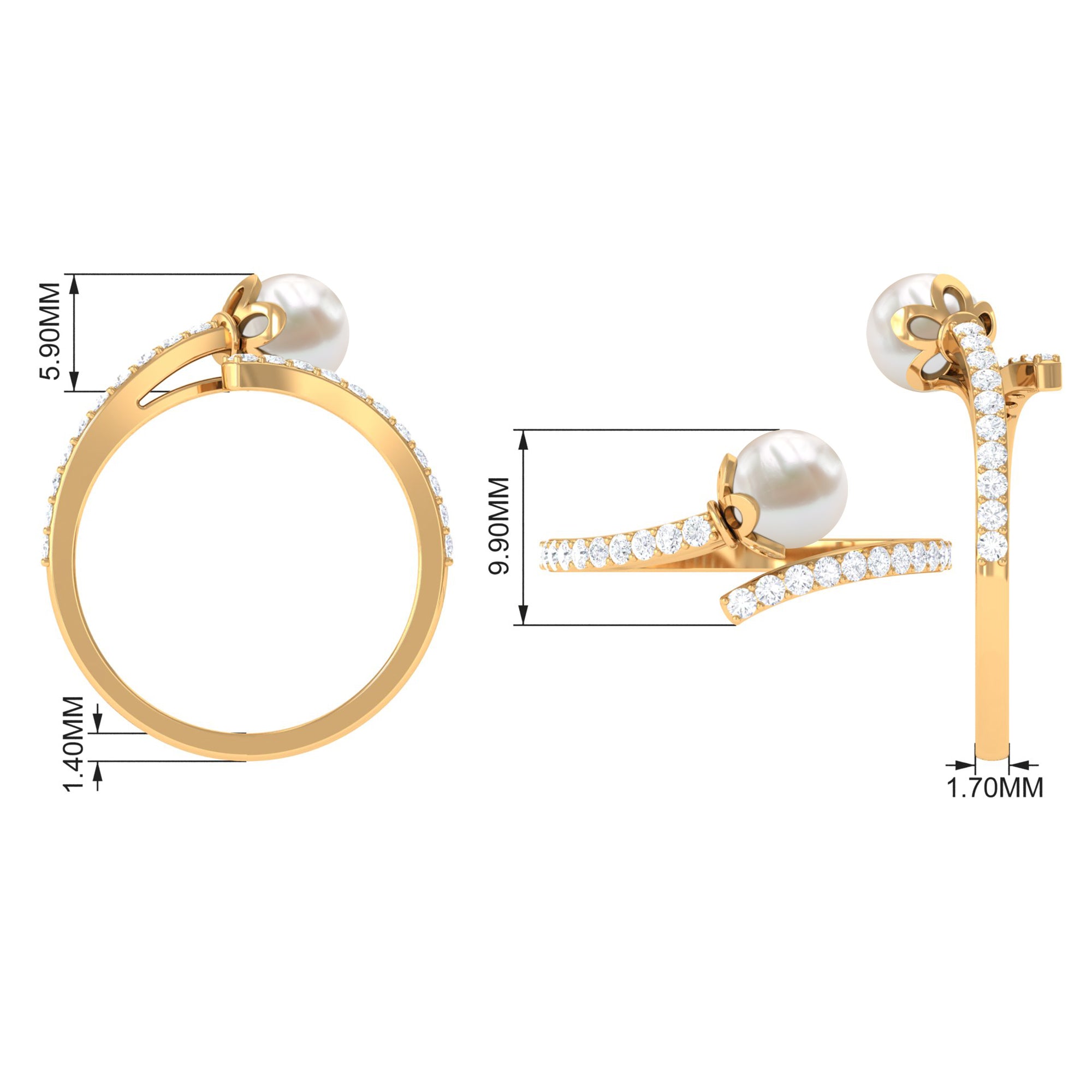 Rosec Jewels-Natural 2 Carat Freshwater Pearl Wrap Engagement Ring with Diamond
