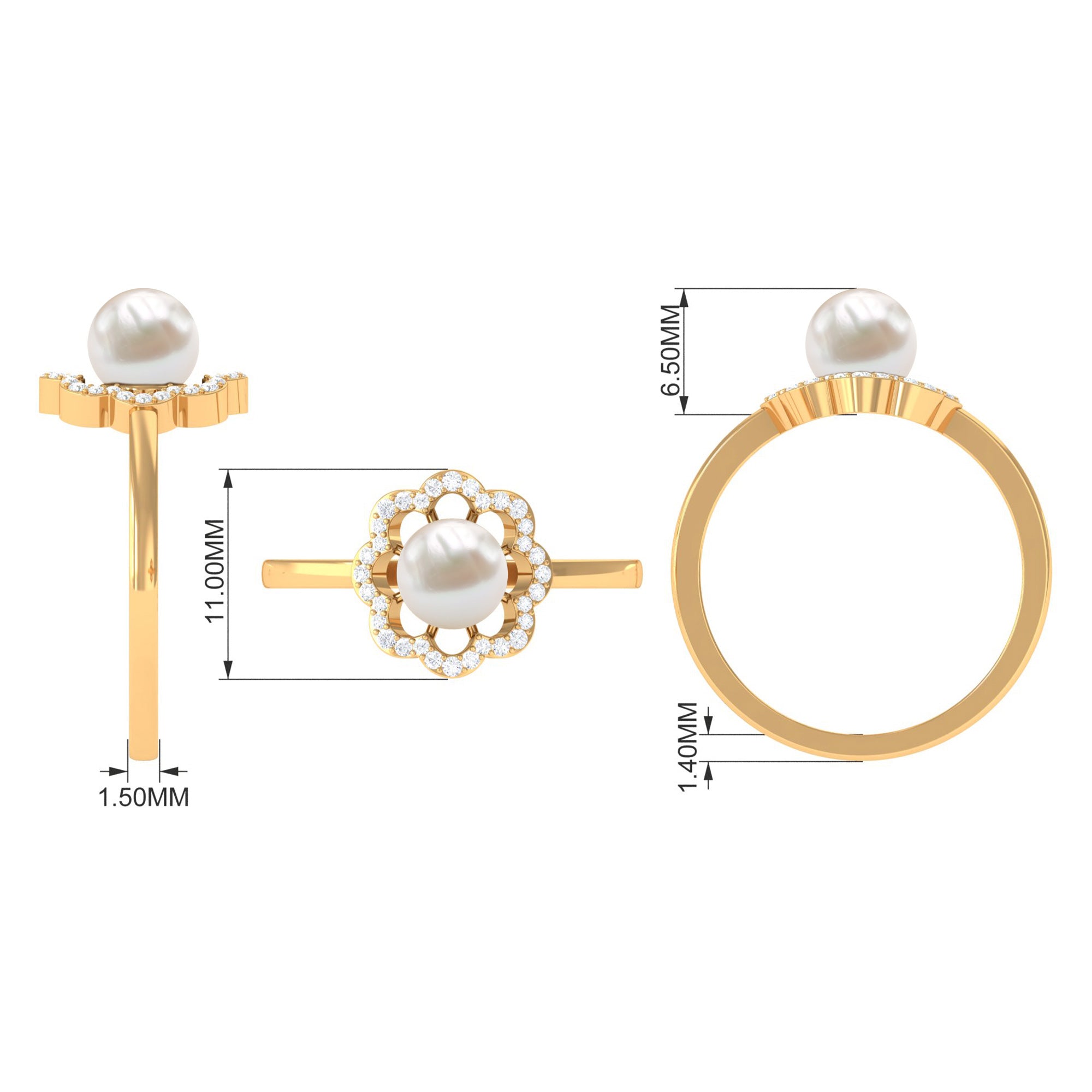Cultured 2 Carat Freshwater Pearl Flower Engagement Ring with Diamond AAA - Rosec Jewels