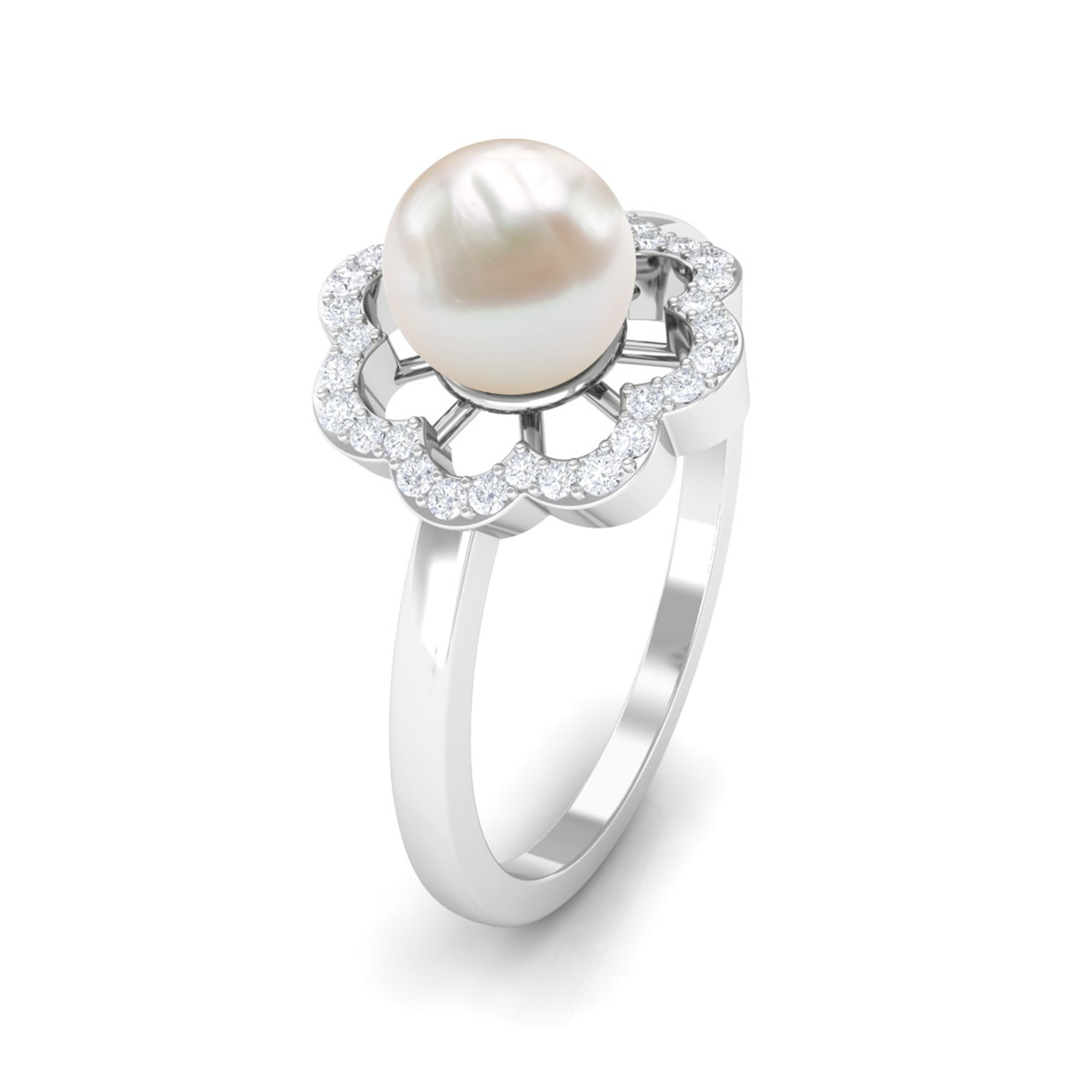 Cultured 2 Carat Freshwater Pearl Flower Engagement Ring with Diamond AAA - Rosec Jewels