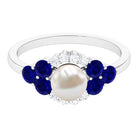 2 Carat Freshwater Pearl and Blue Sapphire Engagement Ring with Diamond AAA - Rosec Jewels