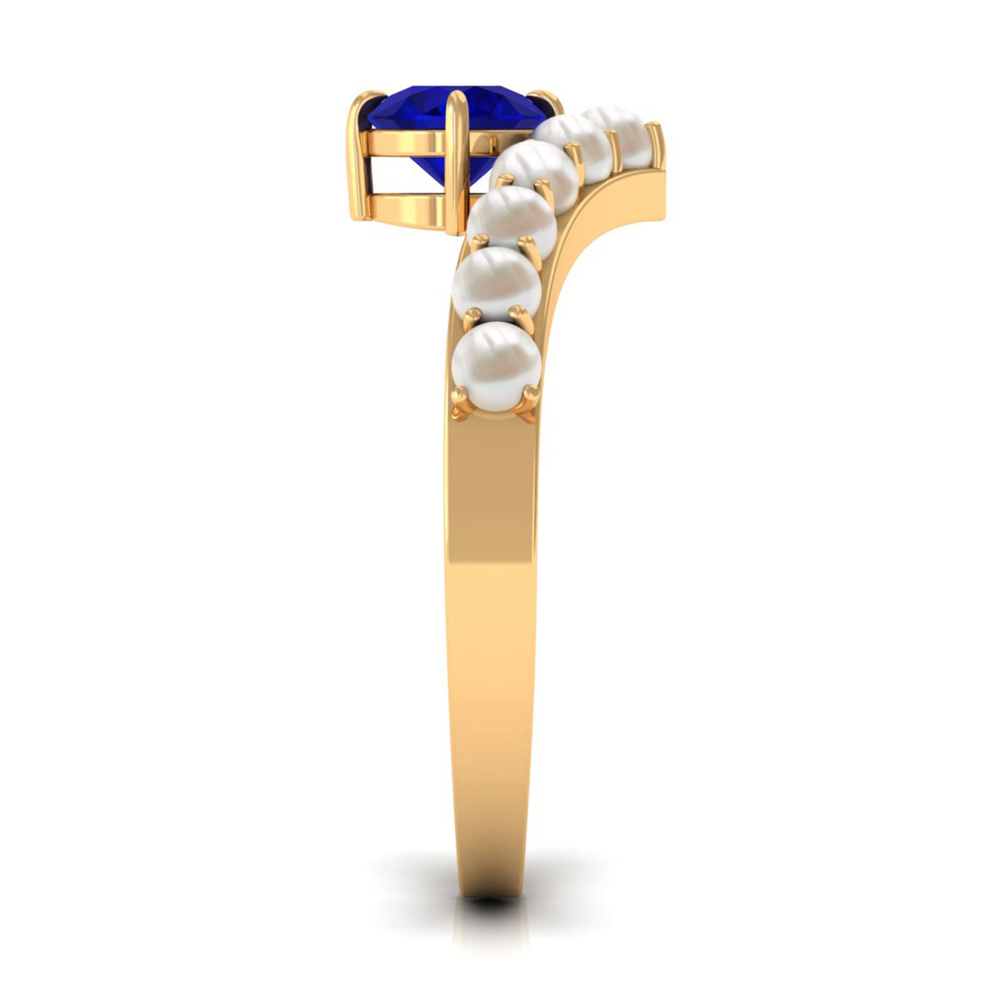 Rosec Jewels-2 CT Solitaire Blue Sapphire and Freshwater Pearl Chevron Ring