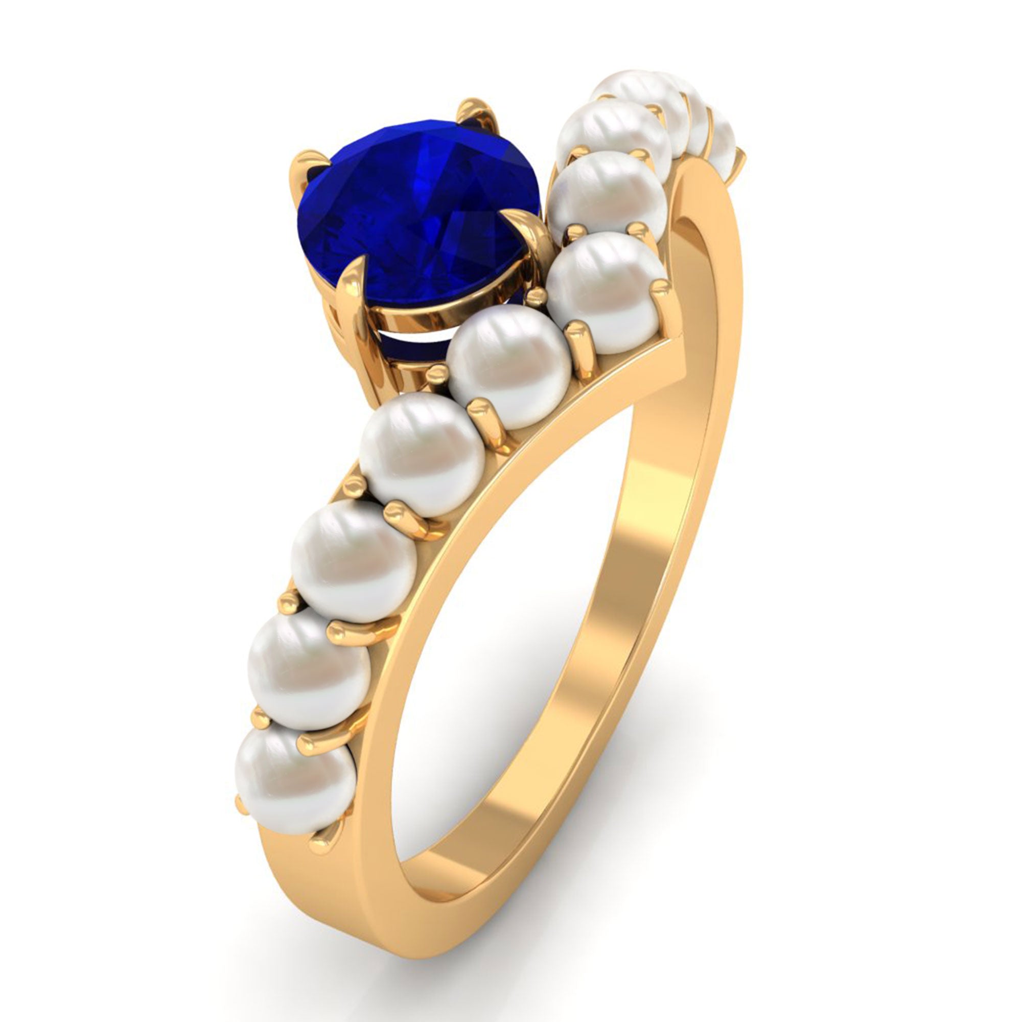Rosec Jewels-2 CT Solitaire Blue Sapphire and Freshwater Pearl Chevron Ring