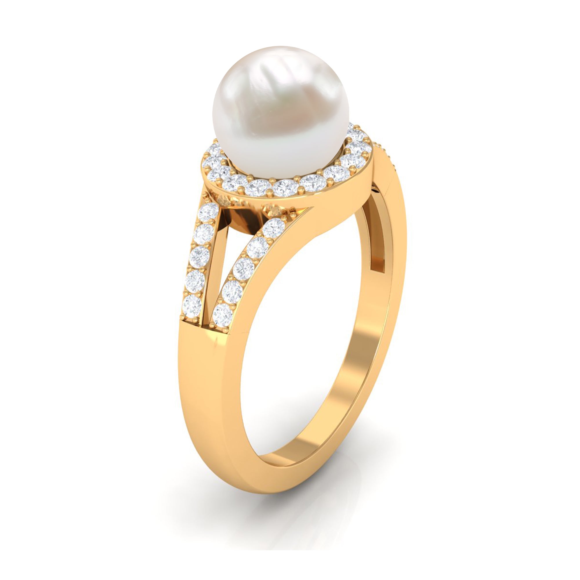 Split Shank Freshwater Pearl Engagement Ring with Diamond Halo AAA - Rosec Jewels