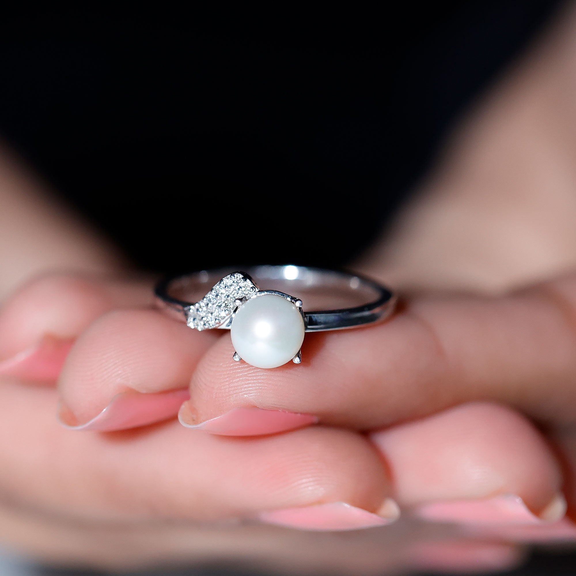 Cultured 3 Carat Freshwater Pearl Solitaire Engagement Ring with Diamond AAA - Rosec Jewels