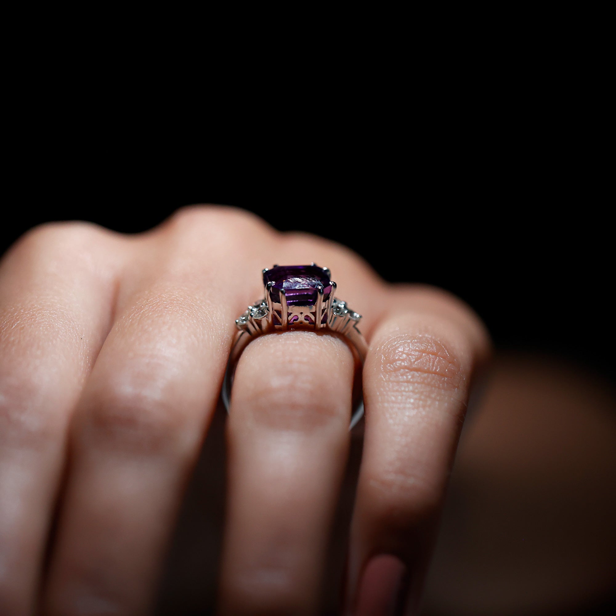 3 Carat Amethyst Asscher Cut Engagement Ring with Diamond Trio AAA - Rosec Jewels