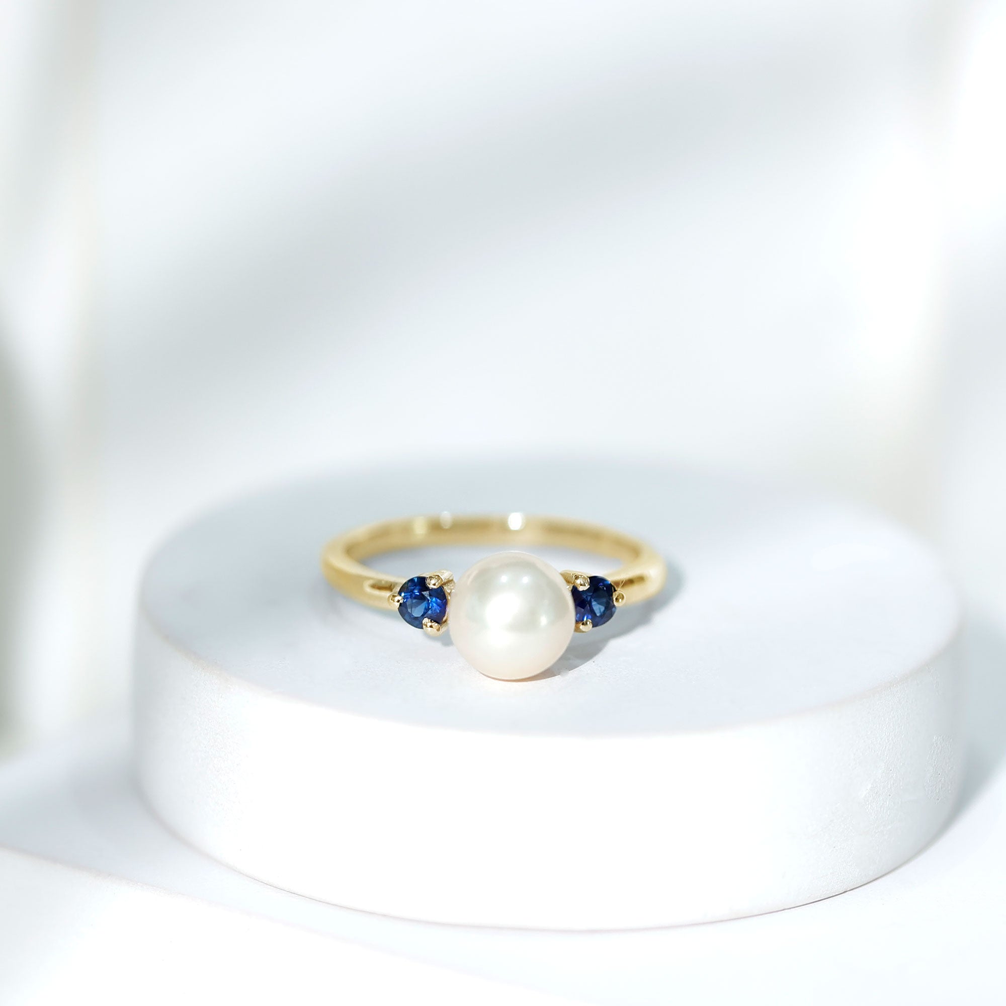 Rosec Jewels-Cultured Freshwater Pearl Engagement Ring with Blue Sapphire