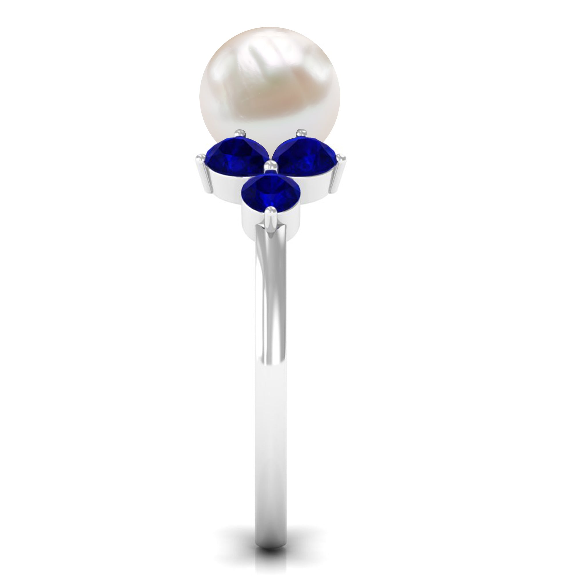 Rosec Jewels-Natural 7.4 Carat Freshwater Pearl Engagement Ring with Blue Sapphire Trio