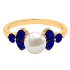 Rosec Jewels-Natural 7.4 Carat Freshwater Pearl Engagement Ring with Blue Sapphire Trio