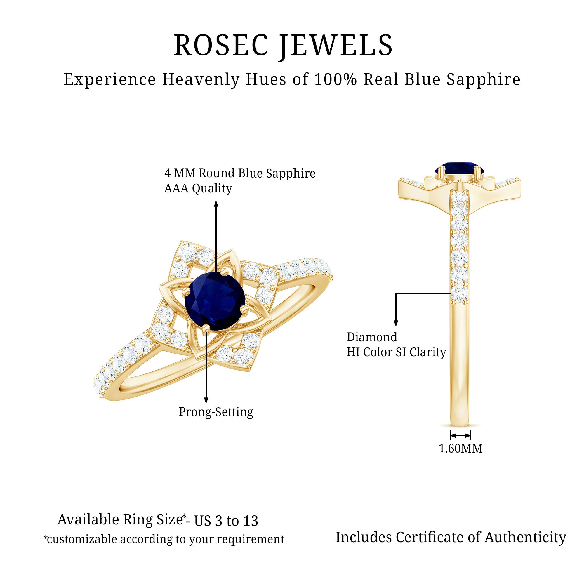 Real Blue Sapphire Diamond Flower Engagement Ring for Women AAA - Rosec Jewels