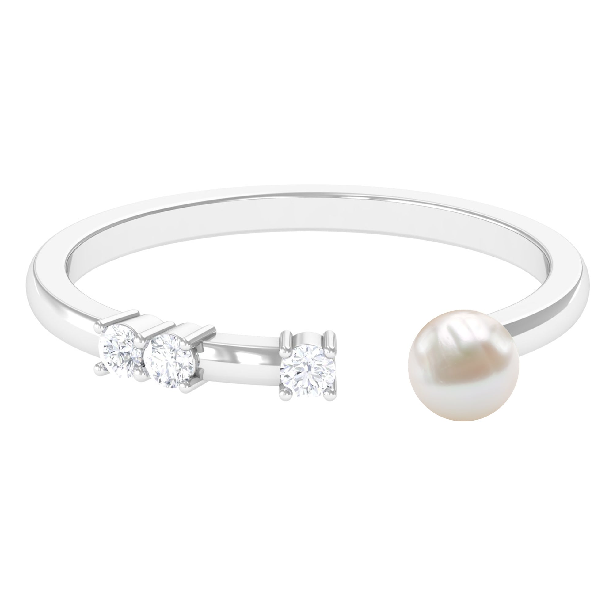 3/4 CT Minimal Style Freshwater Pearl and Diamond Cuff Ring Freshwater Pearl - ( AAA ) - Quality - Rosec Jewels