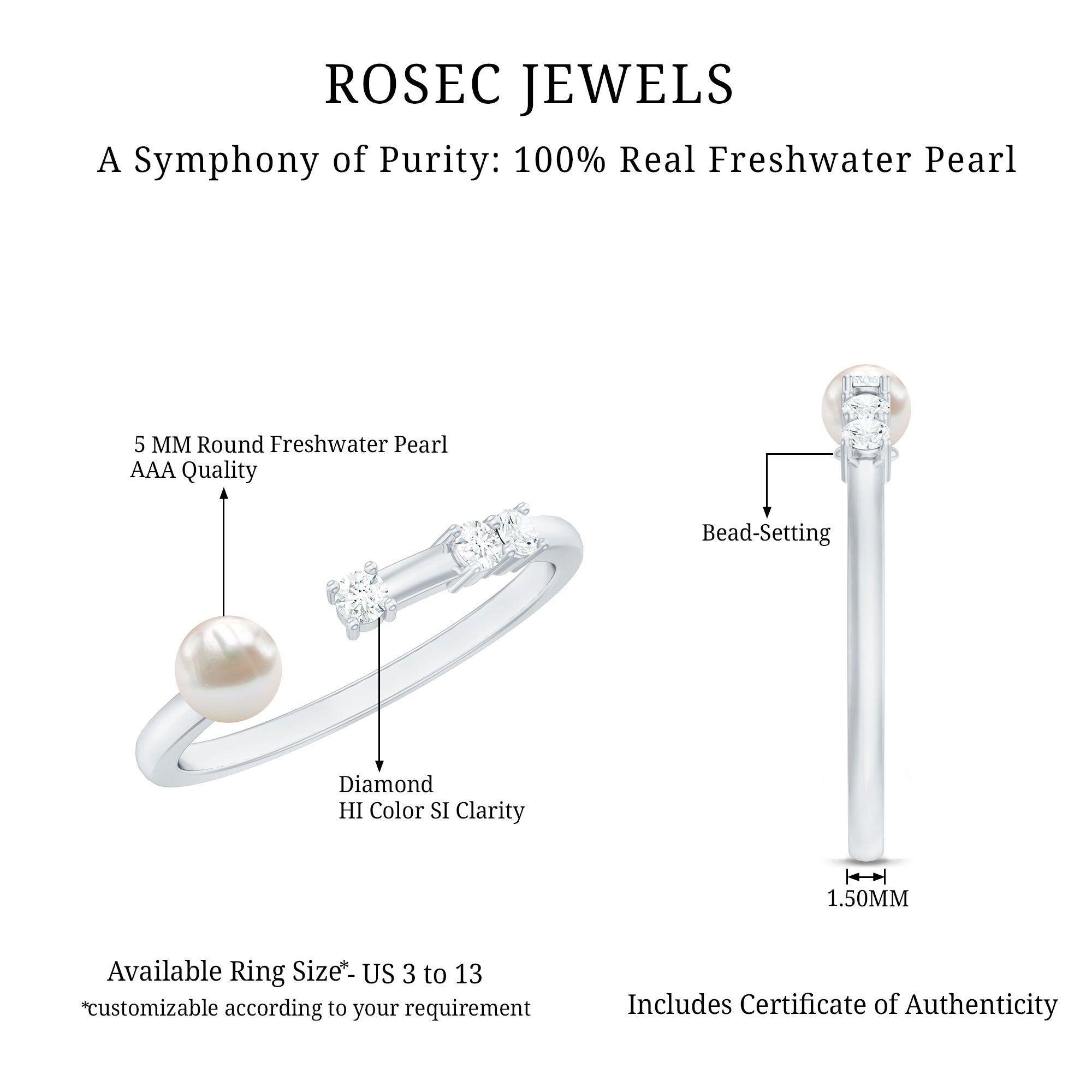 Rosec Jewels-Natural 2 Carat Freshwater Pearl Promise Ring with Diamond