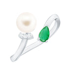 Cultured Freshwater Pearl and Emerald Toi Et Moi Promise Ring AAA - Rosec Jewels