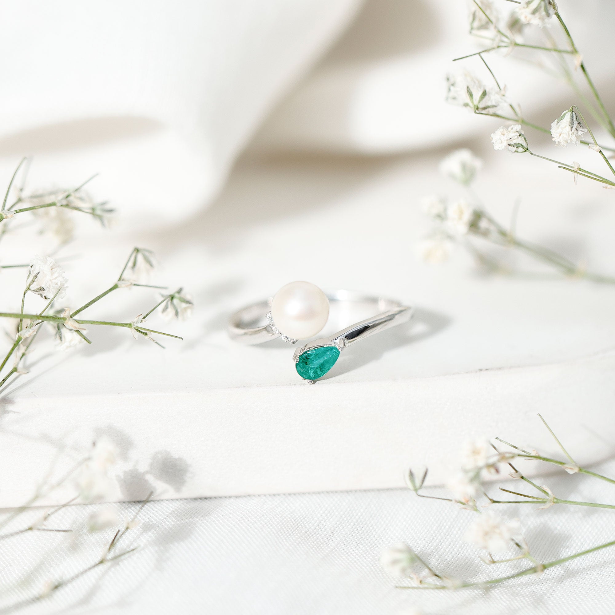 Cultured Freshwater Pearl and Emerald Toi Et Moi Promise Ring AAA - Rosec Jewels