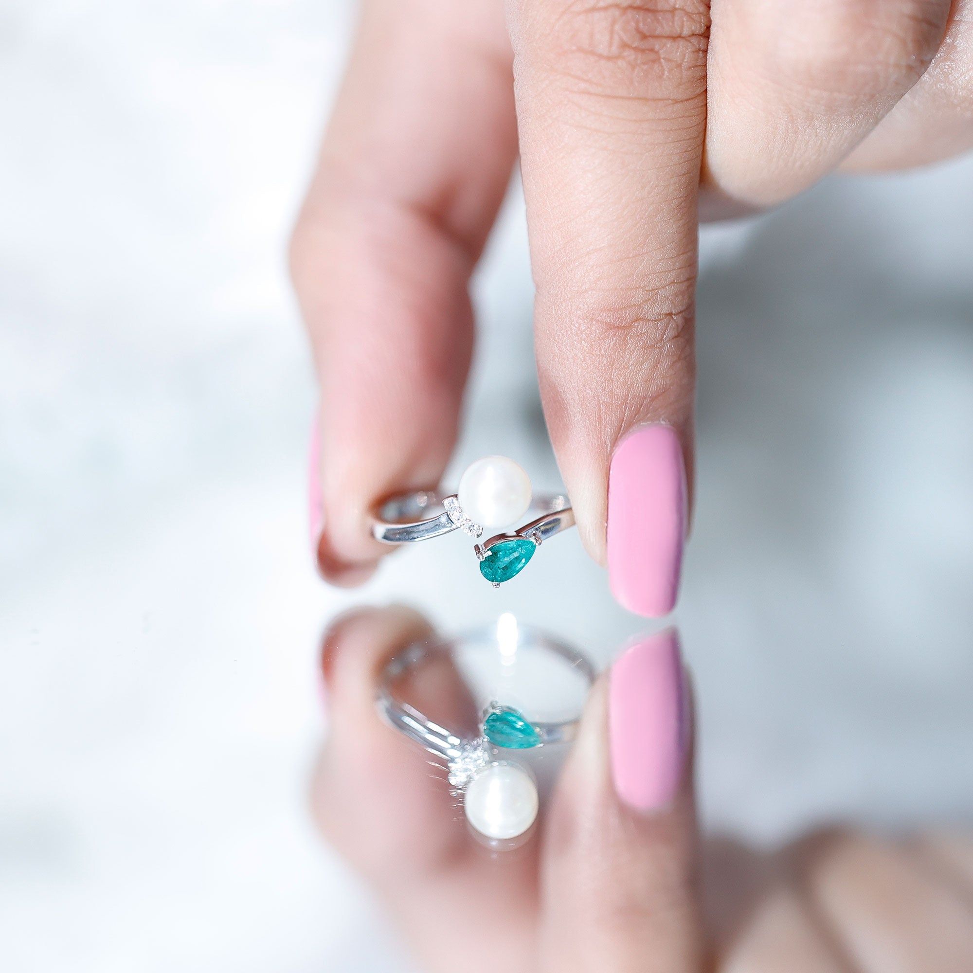 Cultured Freshwater Pearl and Emerald Toi Et Moi Promise Ring AAA - Rosec Jewels