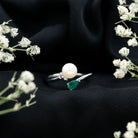Cultured Freshwater Pearl and Emerald Toi Et Moi Promise Ring AAA - Rosec Jewels
