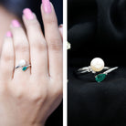 Cultured Freshwater Pearl and Emerald Toi Et Moi Promise Ring AAA - Rosec Jewels