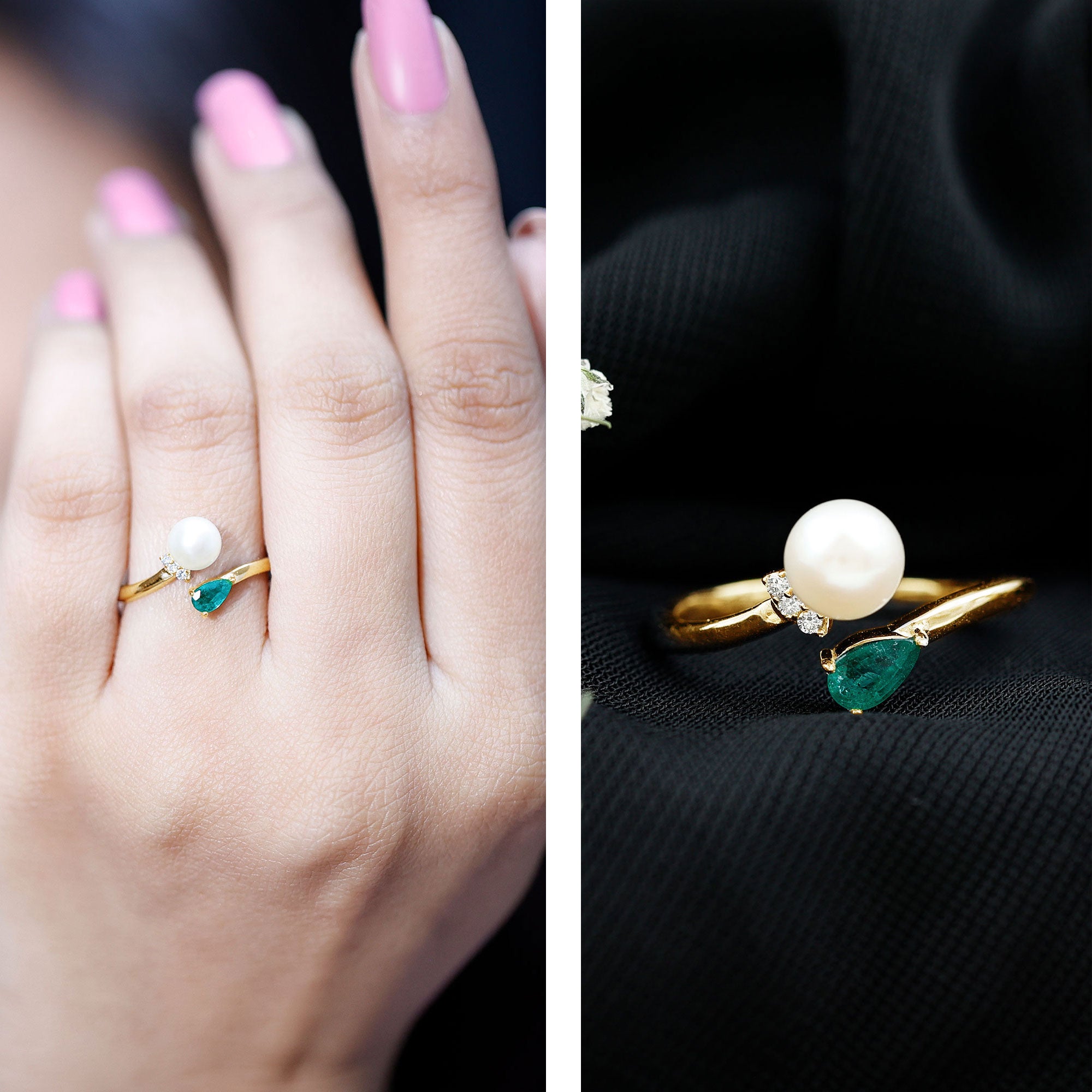 Cultured Freshwater Pearl and Emerald Toi Et Moi Promise Ring AAA - Rosec Jewels