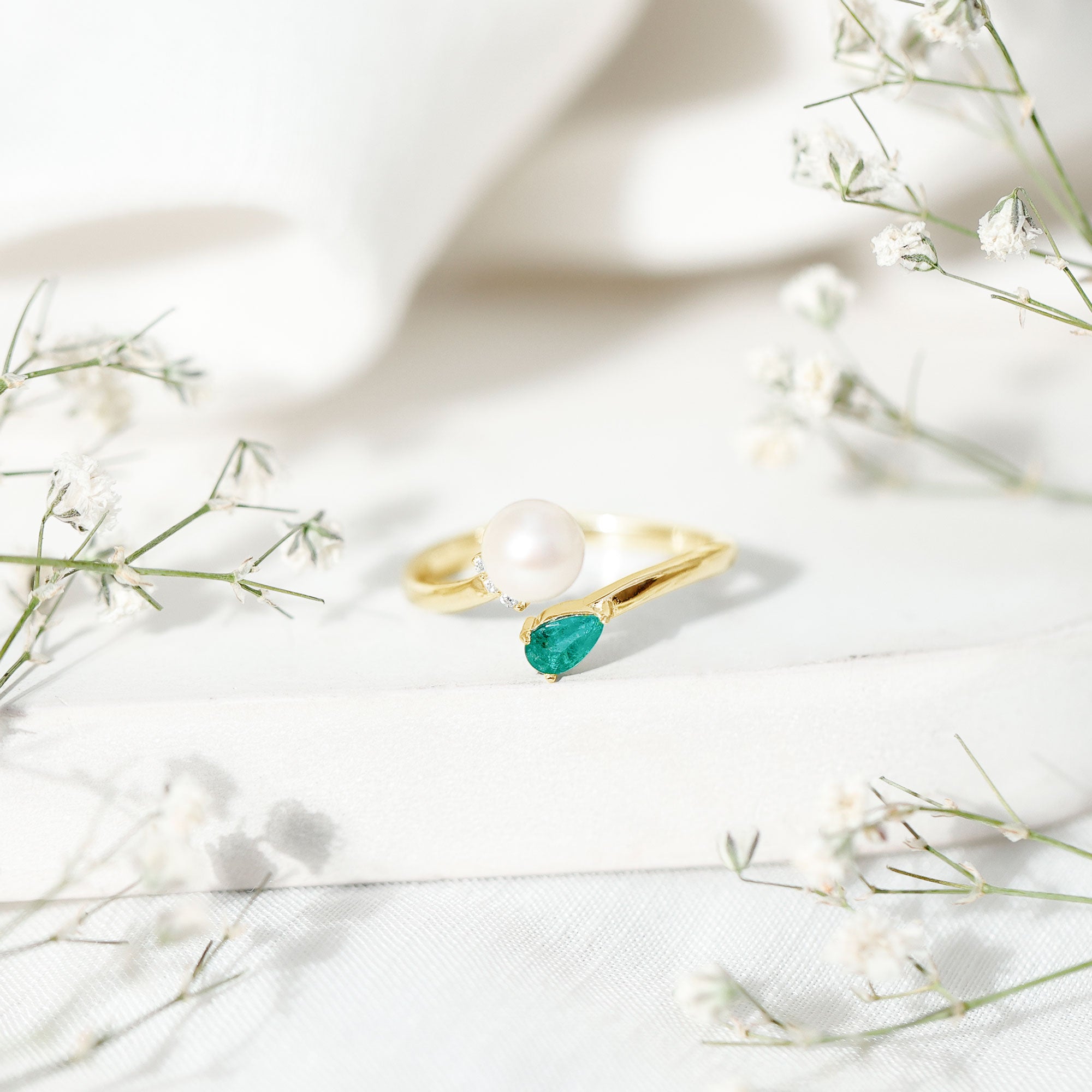 Cultured Freshwater Pearl and Emerald Toi Et Moi Promise Ring AAA - Rosec Jewels