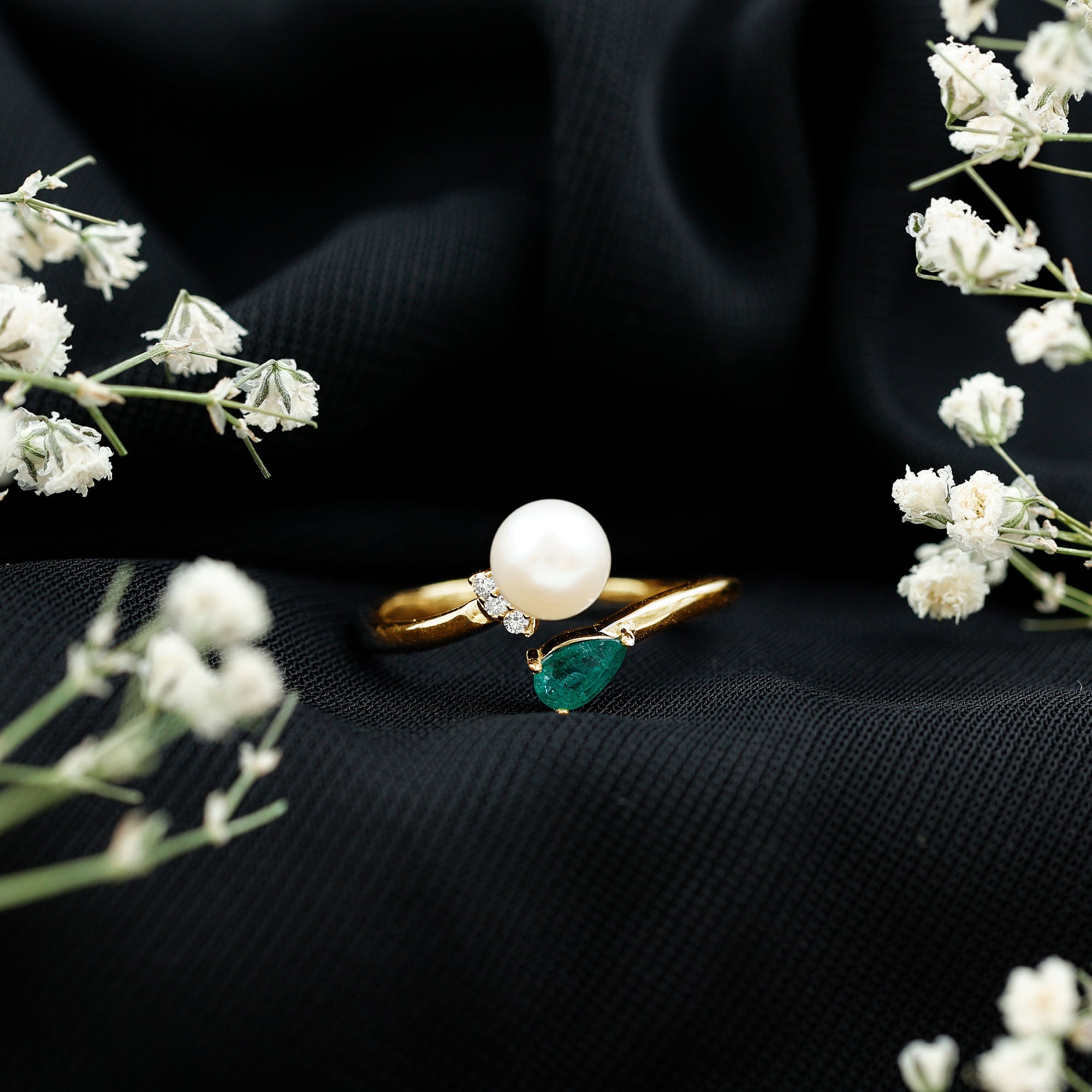 Cultured Freshwater Pearl and Emerald Toi Et Moi Promise Ring AAA - Rosec Jewels