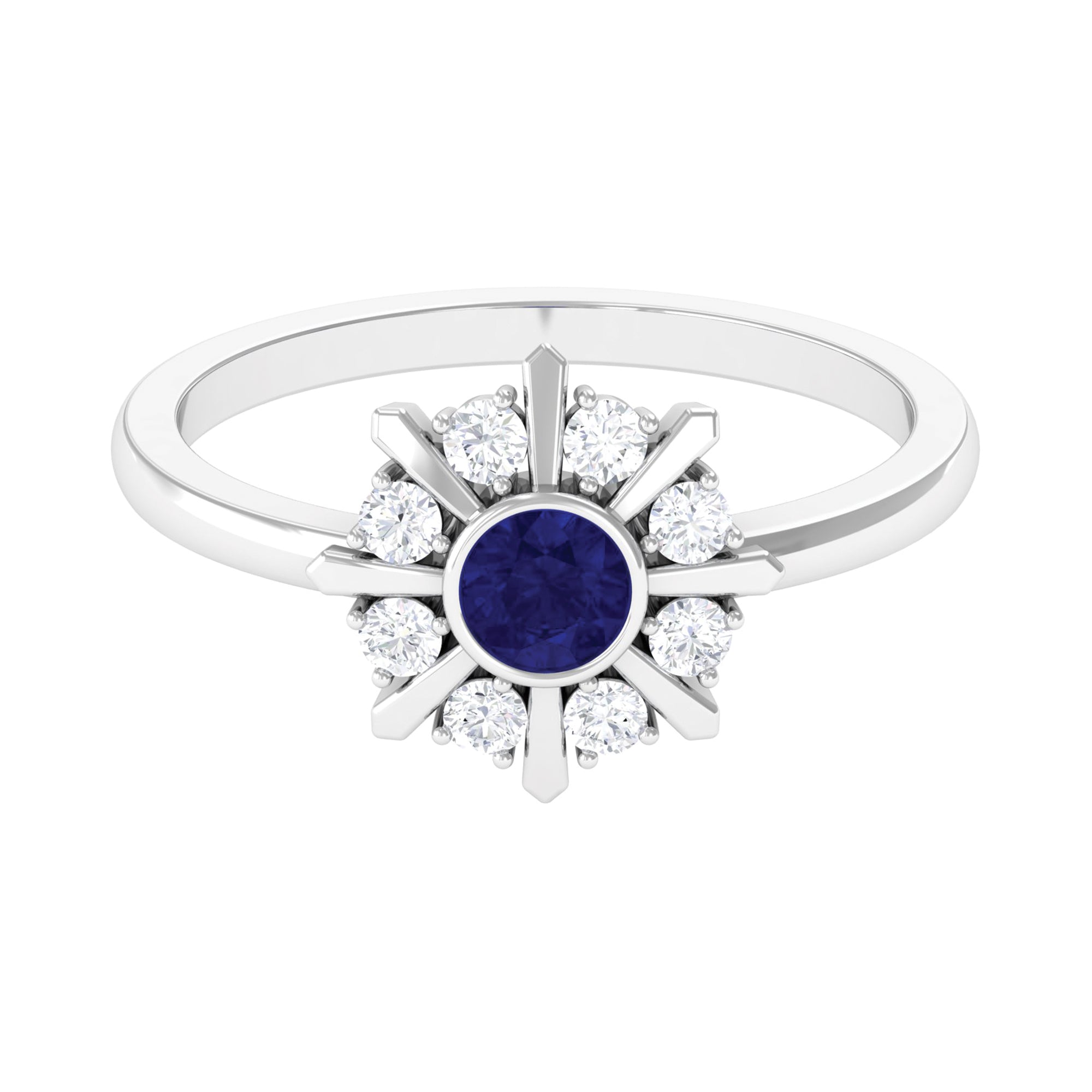 Certified Real Blue Sapphire Flower Promise Ring with Diamond AAA - Rosec Jewels