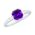 Rosec Jewels-Bezel Asscher Amethyst Solitaire Ring with Diamond Side Stones