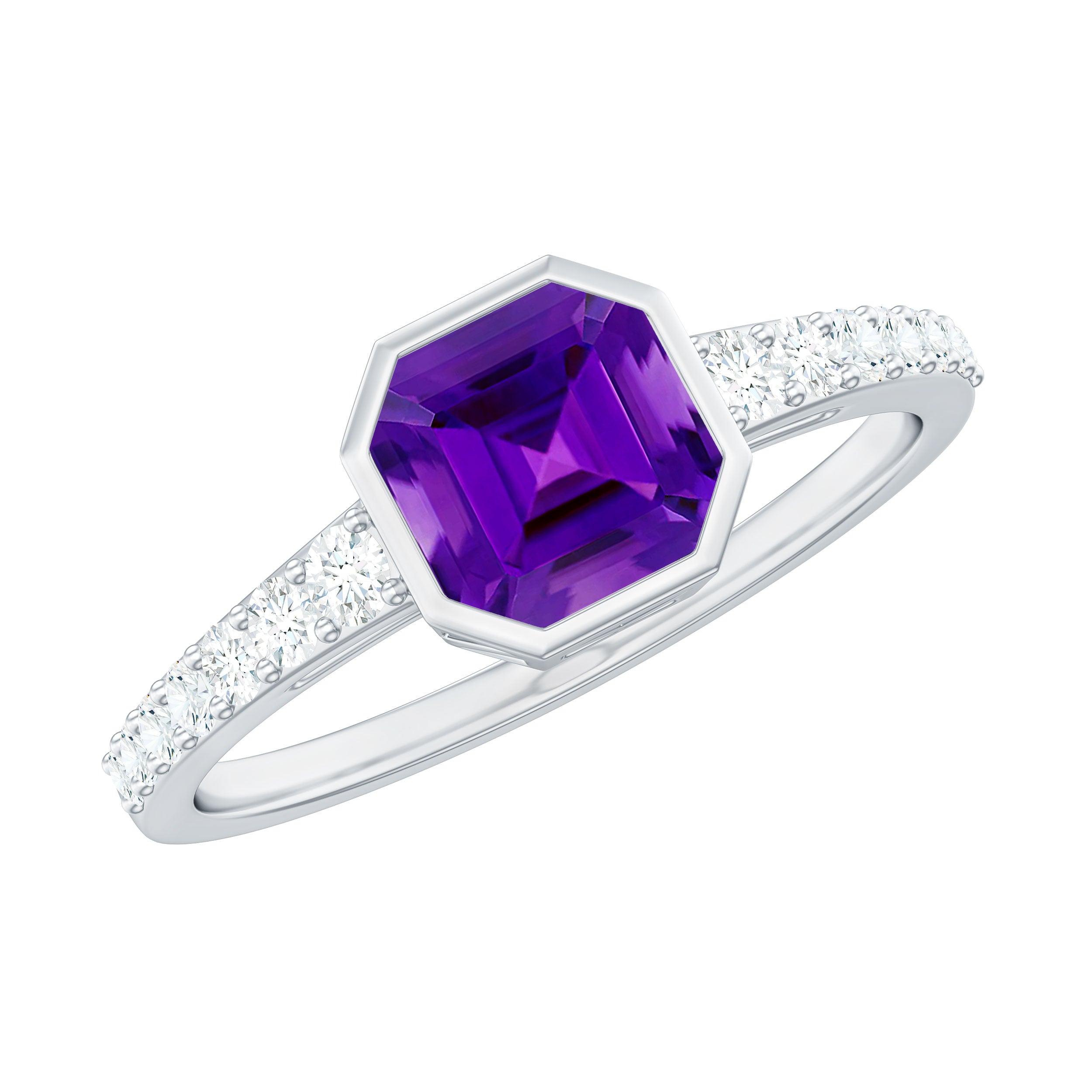Rosec Jewels-Bezel Asscher Amethyst Solitaire Ring with Diamond Side Stones
