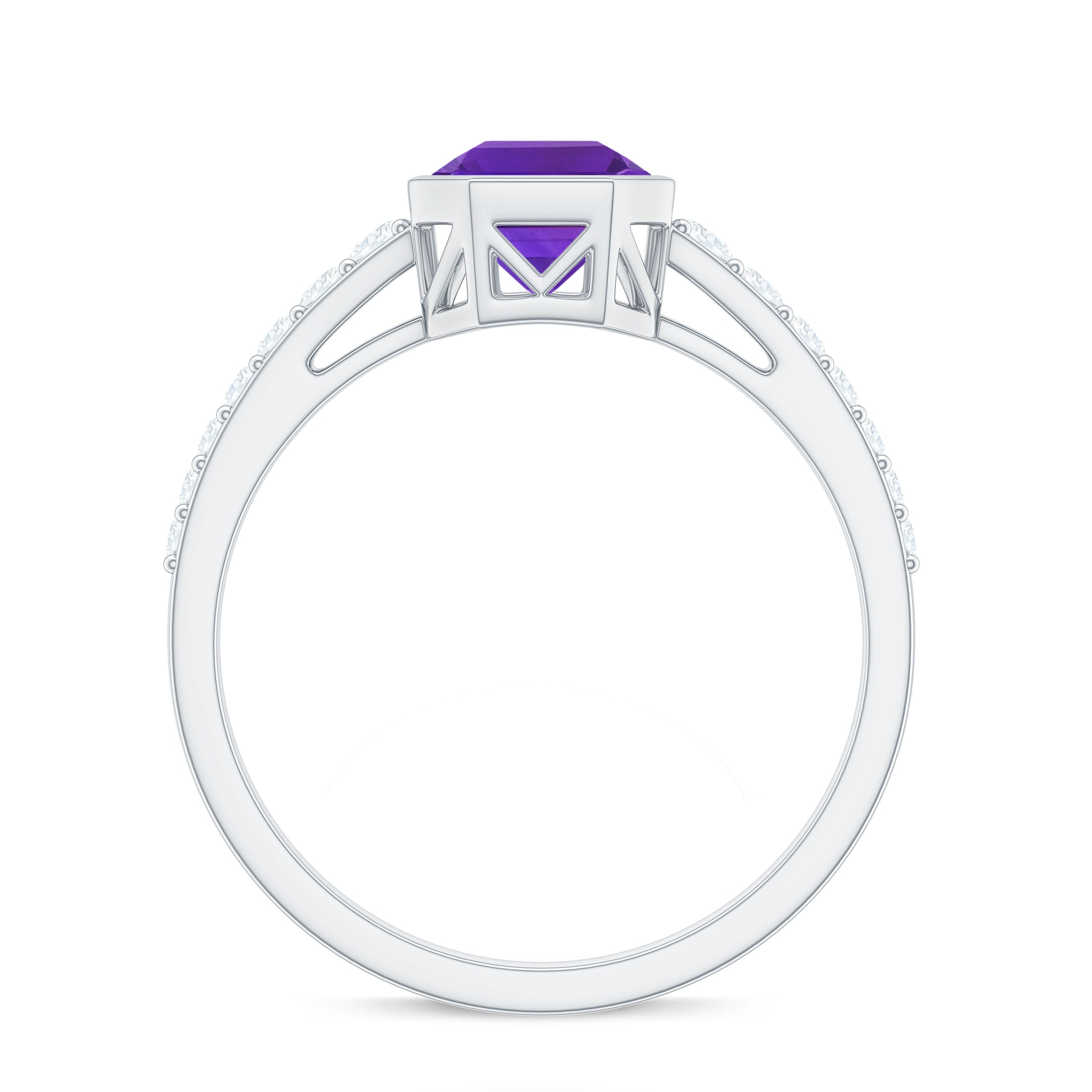 Rosec Jewels-Bezel Asscher Amethyst Solitaire Ring with Diamond Side Stones