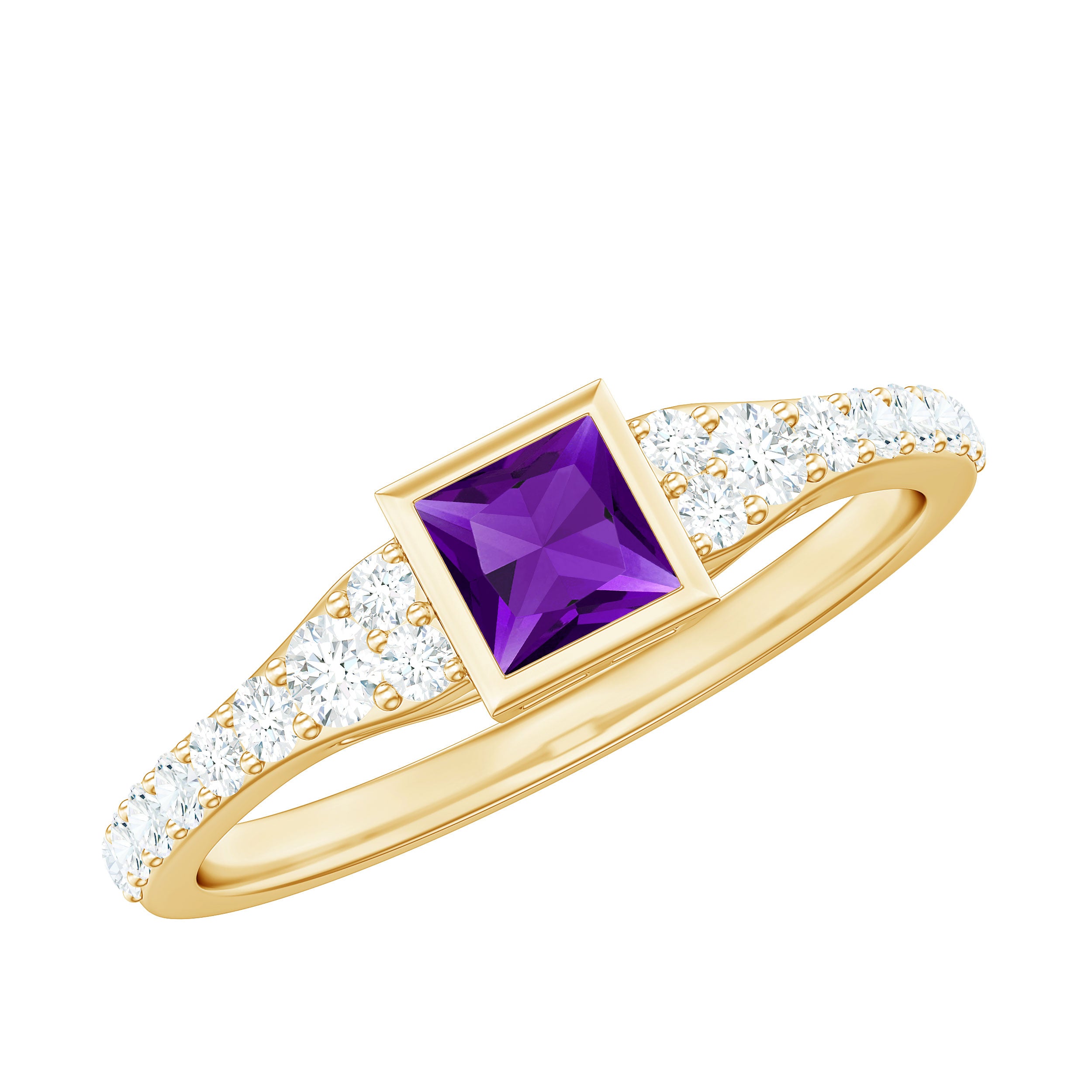 1 Carat Bezel Set Amethyst Solitaire Promise Ring with Diamond AAA - Rosec Jewels