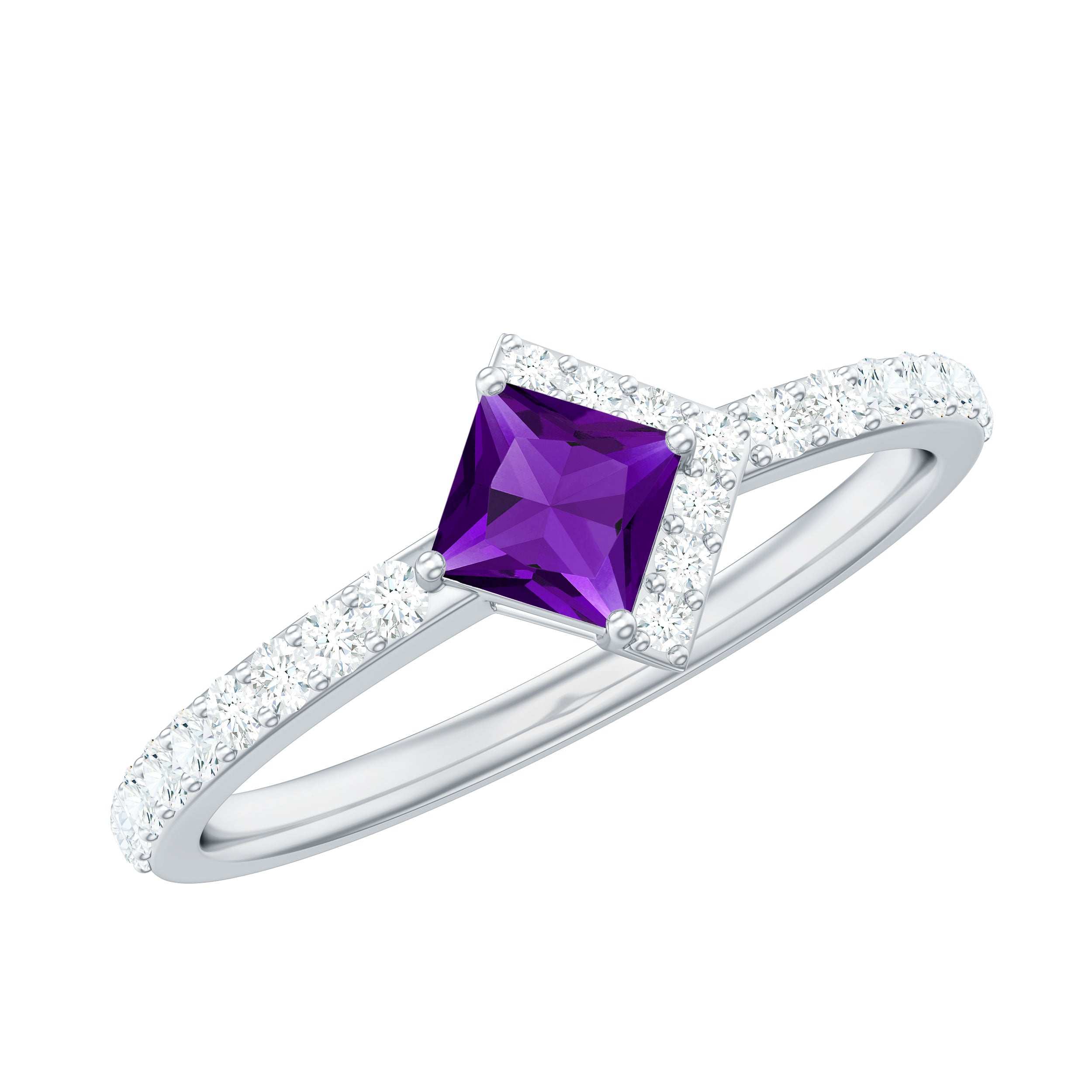 3/4 Ct Princess Amethyst Half Halo Promise Ring with Diamond