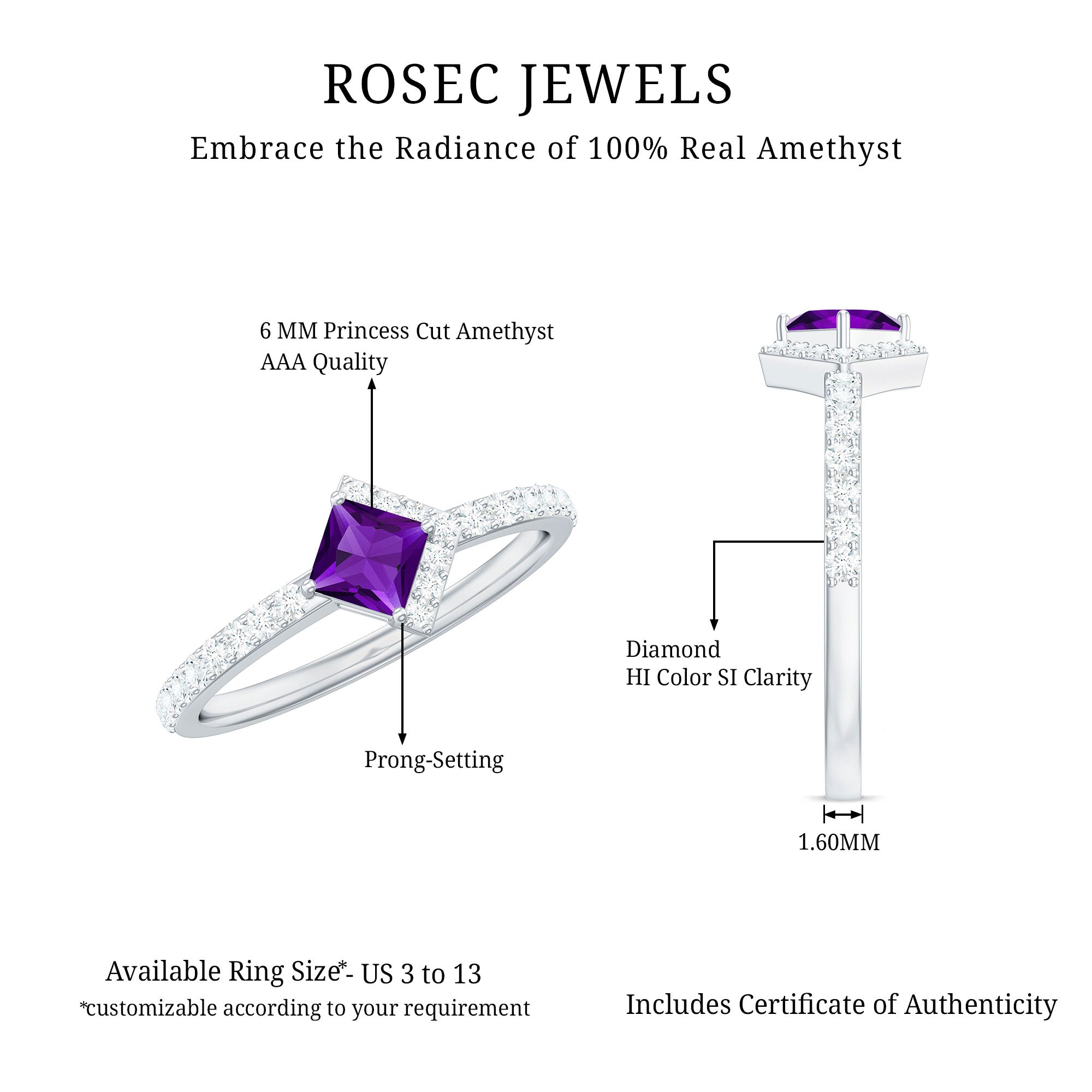 Certified Real 1.2 Carat Amethyst Princess Cut Engagement Ring with Diamond AAA - Rosec Jewels