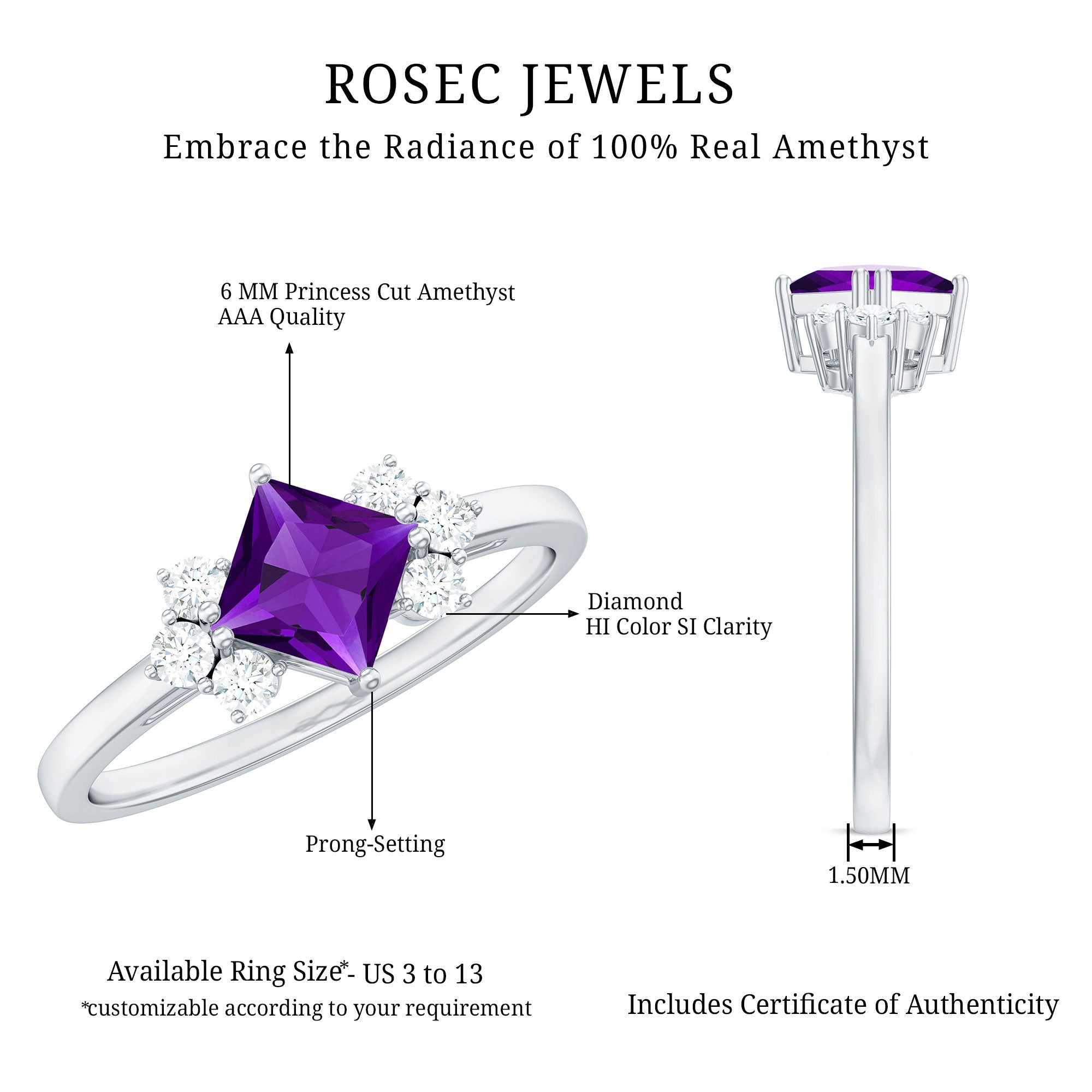 Princess Cut Amethyst Promise Ring with Diamond Trio AAA - Rosec Jewels