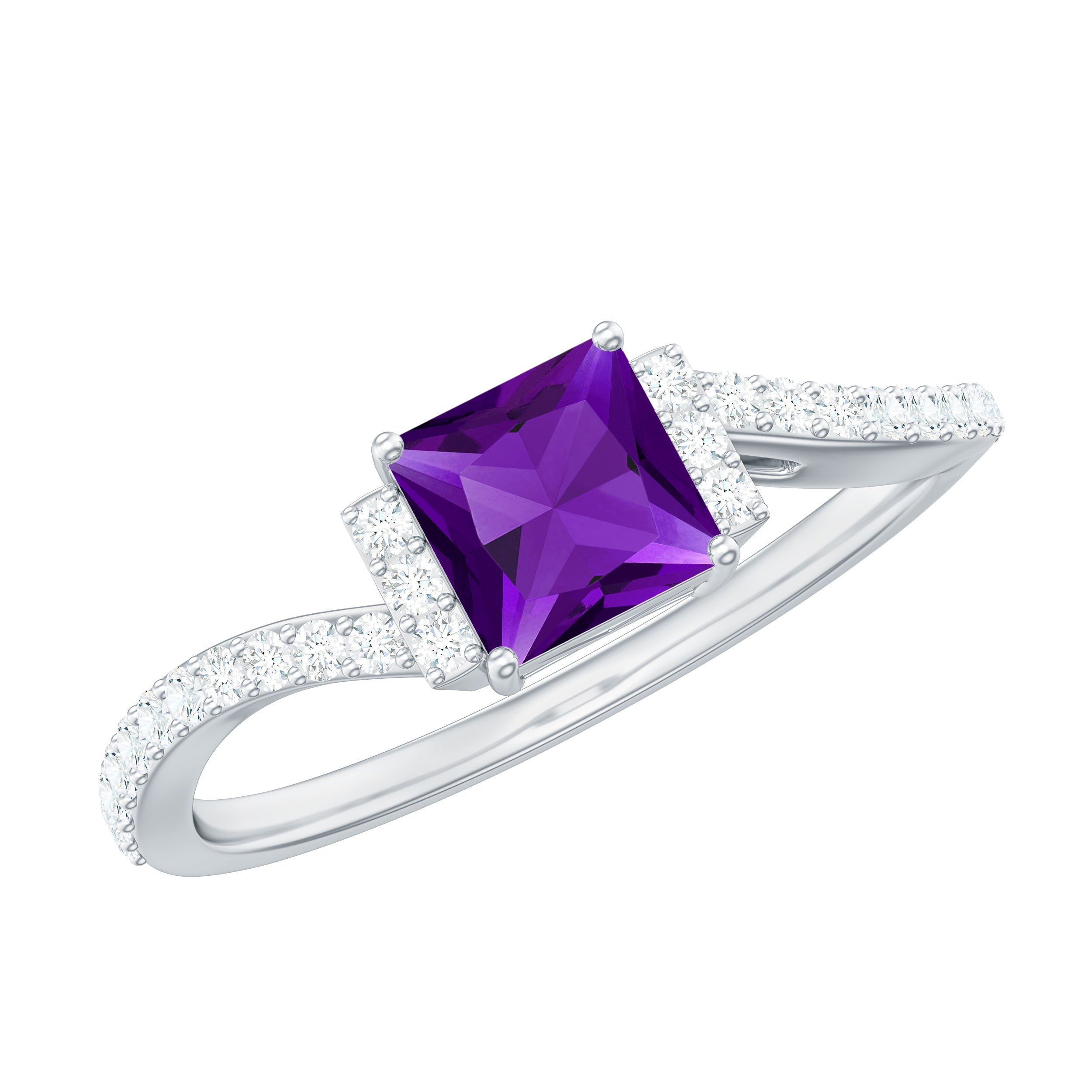 Real 1.2 Carat Amethyst Princess Cut Engagement Ring with Diamond Bypass Shank AAA - Rosec Jewels