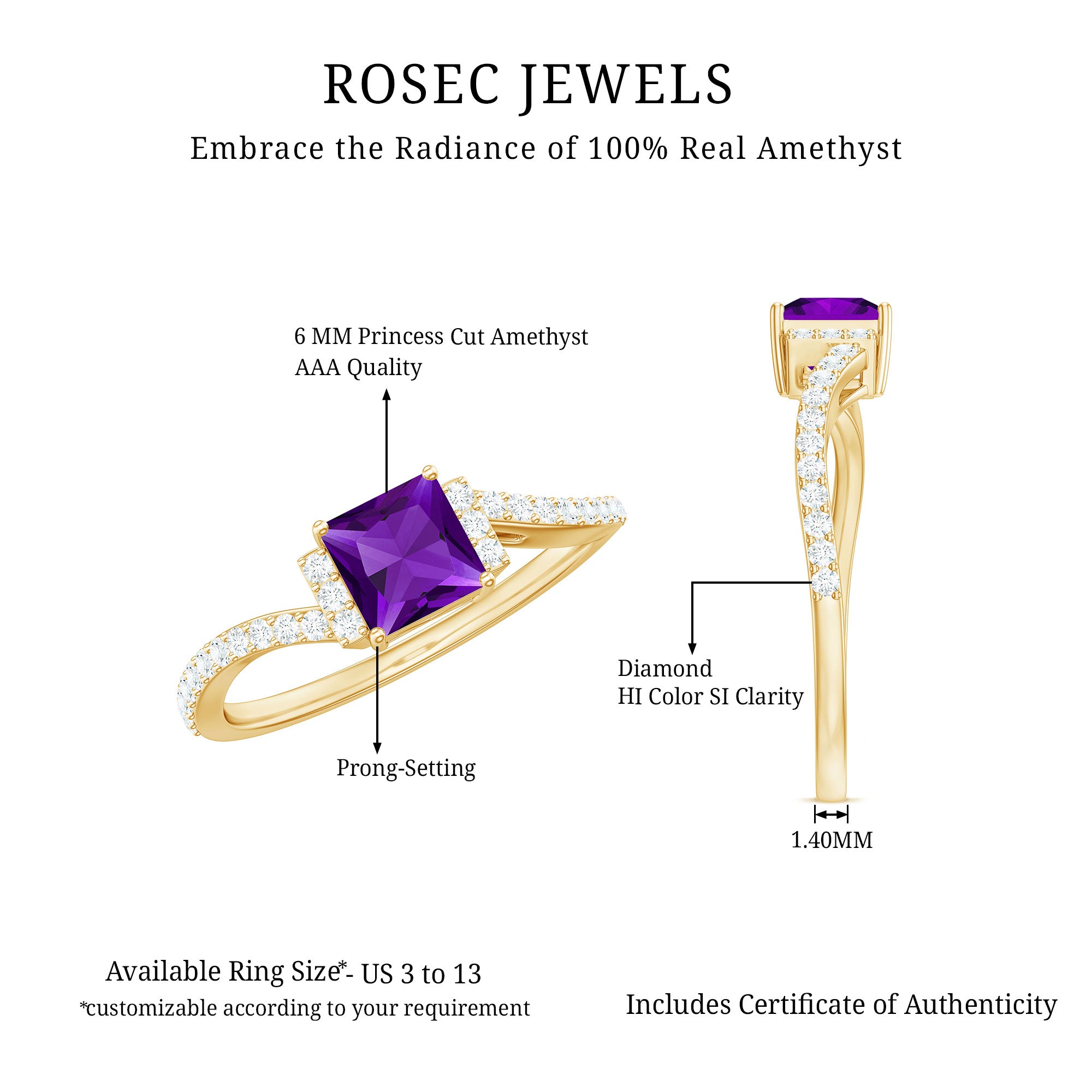 Real 1.2 Carat Amethyst Princess Cut Engagement Ring with Diamond Bypass Shank AAA - Rosec Jewels