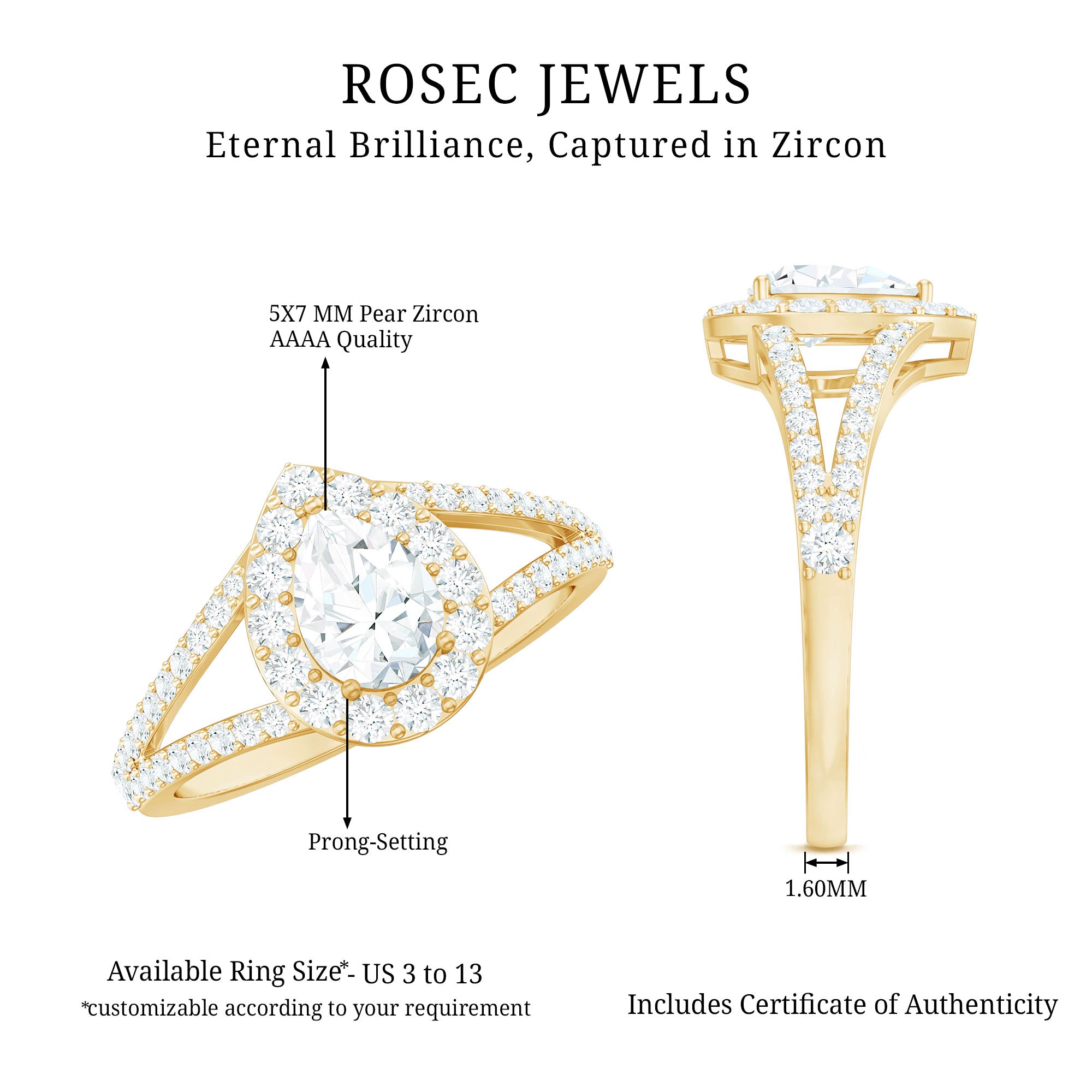 Pear Shape Cubic Zirconia Halo Engagement Ring in Split Shank AAAA - Rosec Jewels