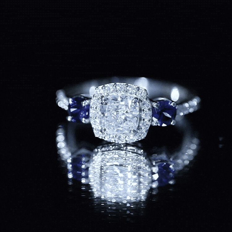 Certified 1.7 Carat Cushion Cut Lab Grown Diamond Engagement Ring with Blue Sapphire Lab - ( EF-VS ) - Rosec Jewels