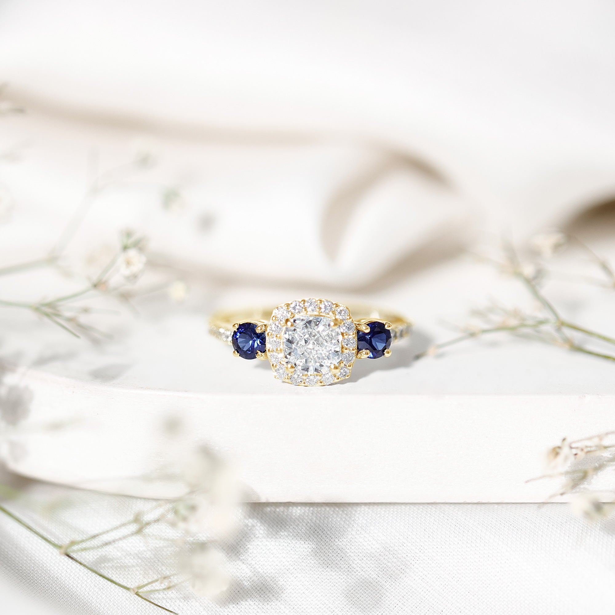 Certified 1.7 Carat Cushion Cut Lab Grown Diamond Engagement Ring with Blue Sapphire Lab - ( EF-VS ) - Rosec Jewels