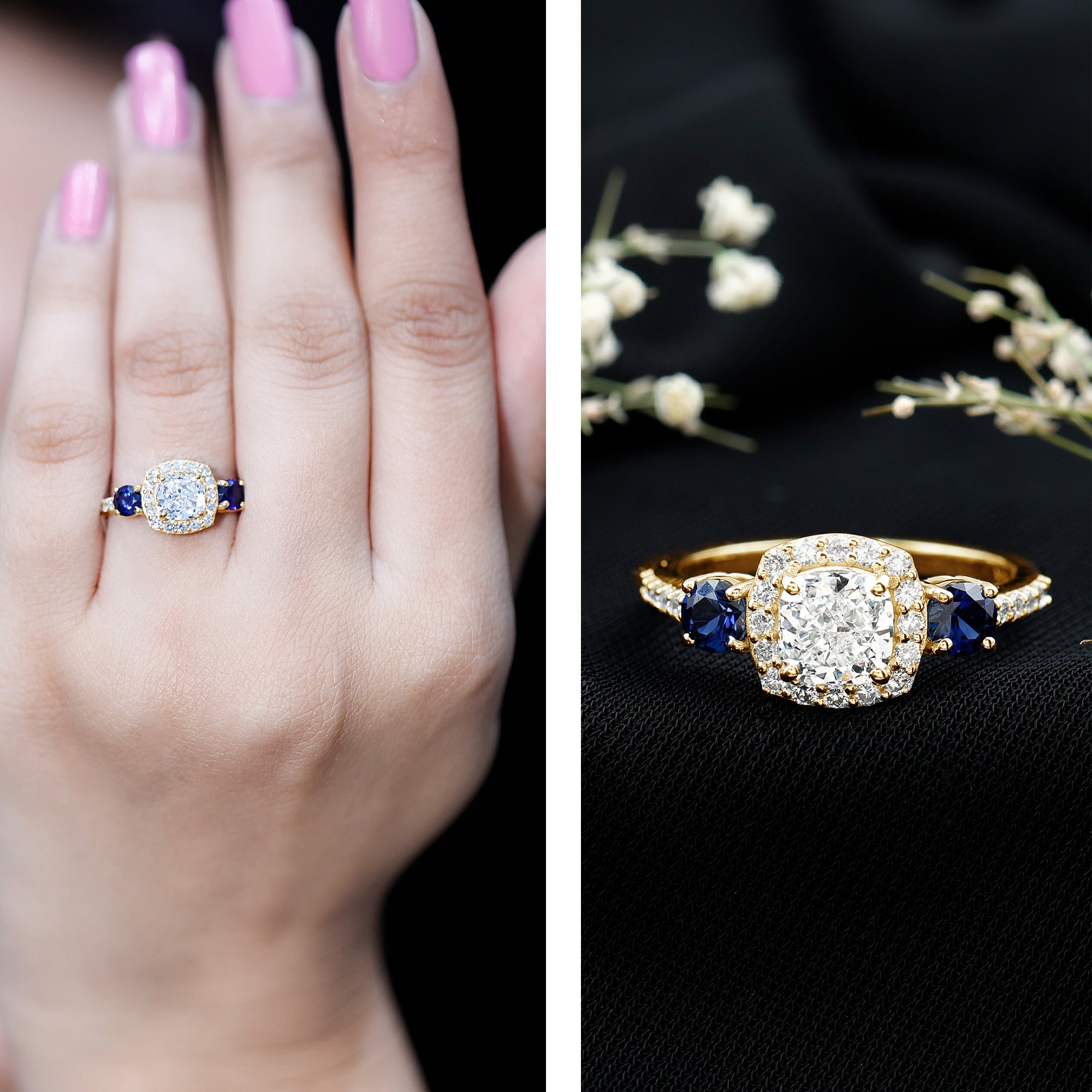 Certified 1.7 Carat Cushion Cut Lab Grown Diamond Engagement Ring with Blue Sapphire Lab - ( EF-VS ) - Rosec Jewels