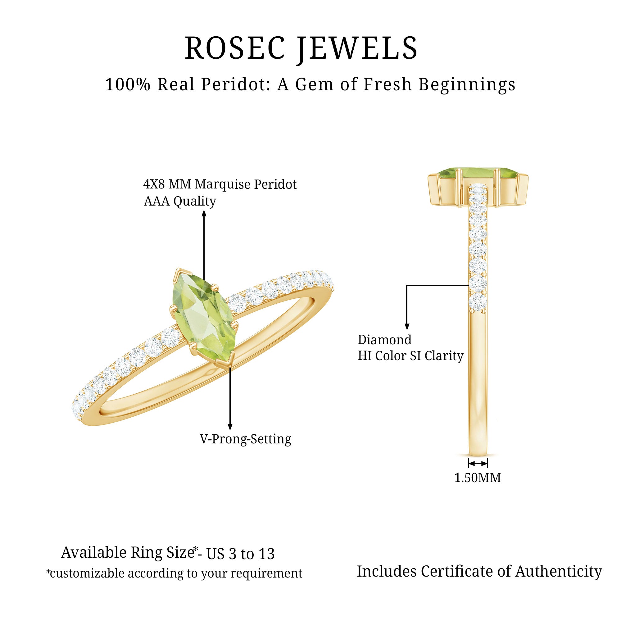 Genuine 0.7 Carat Marquise Peridot Promise Ring with Diamond AAA - Rosec Jewels