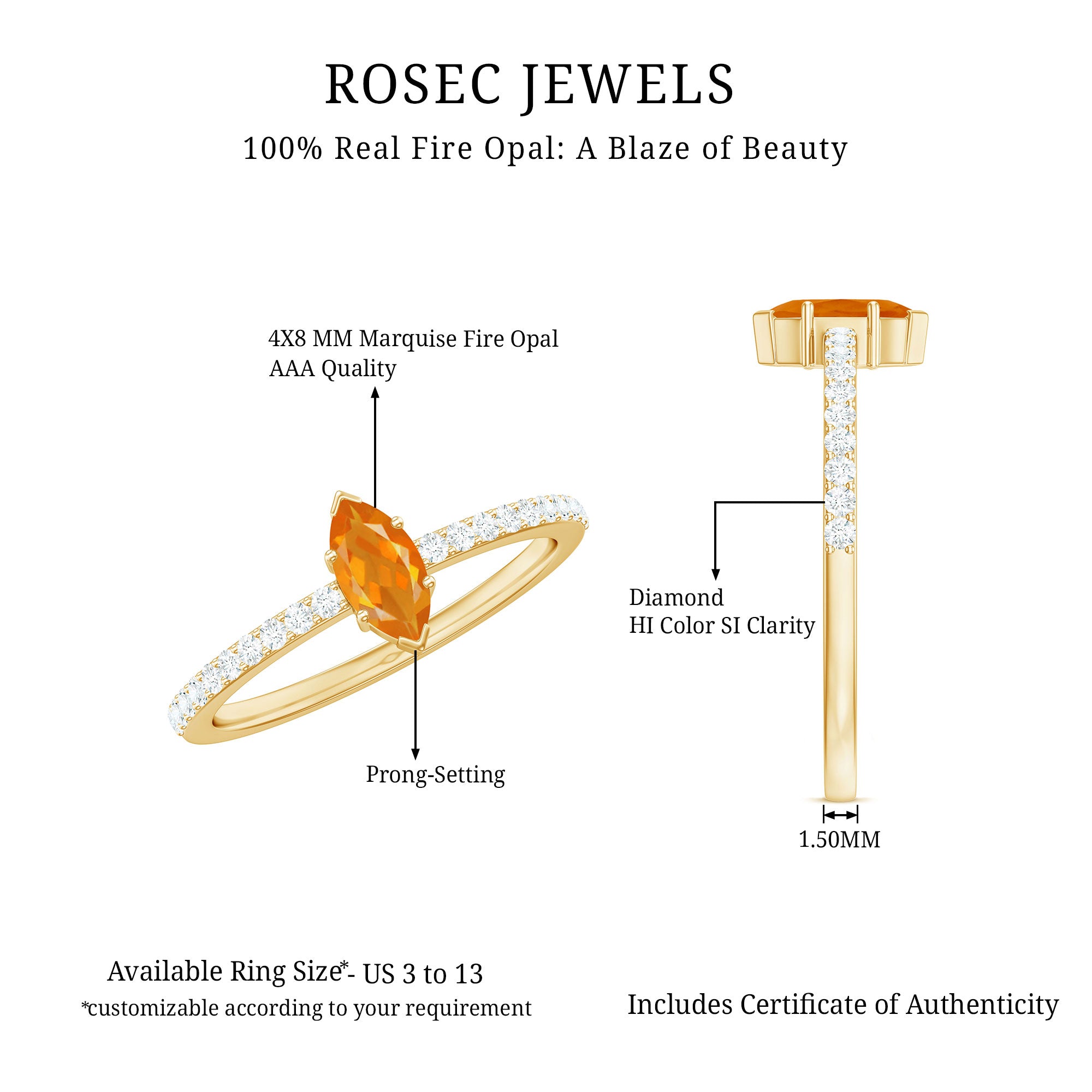 1/2 Ct Fire Opal Marquise Engagement Ring with Diamond AAA - Rosec Jewels