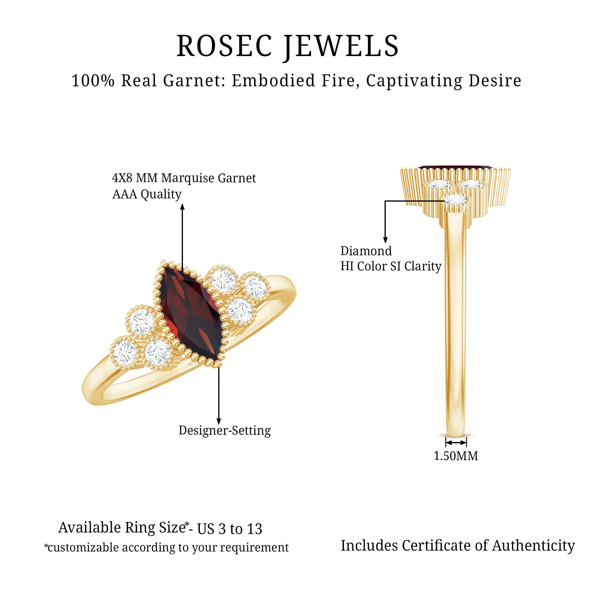Natural 4X8mm Garnet Marquise Engagement Ring with Diamond AAA - Rosec Jewels