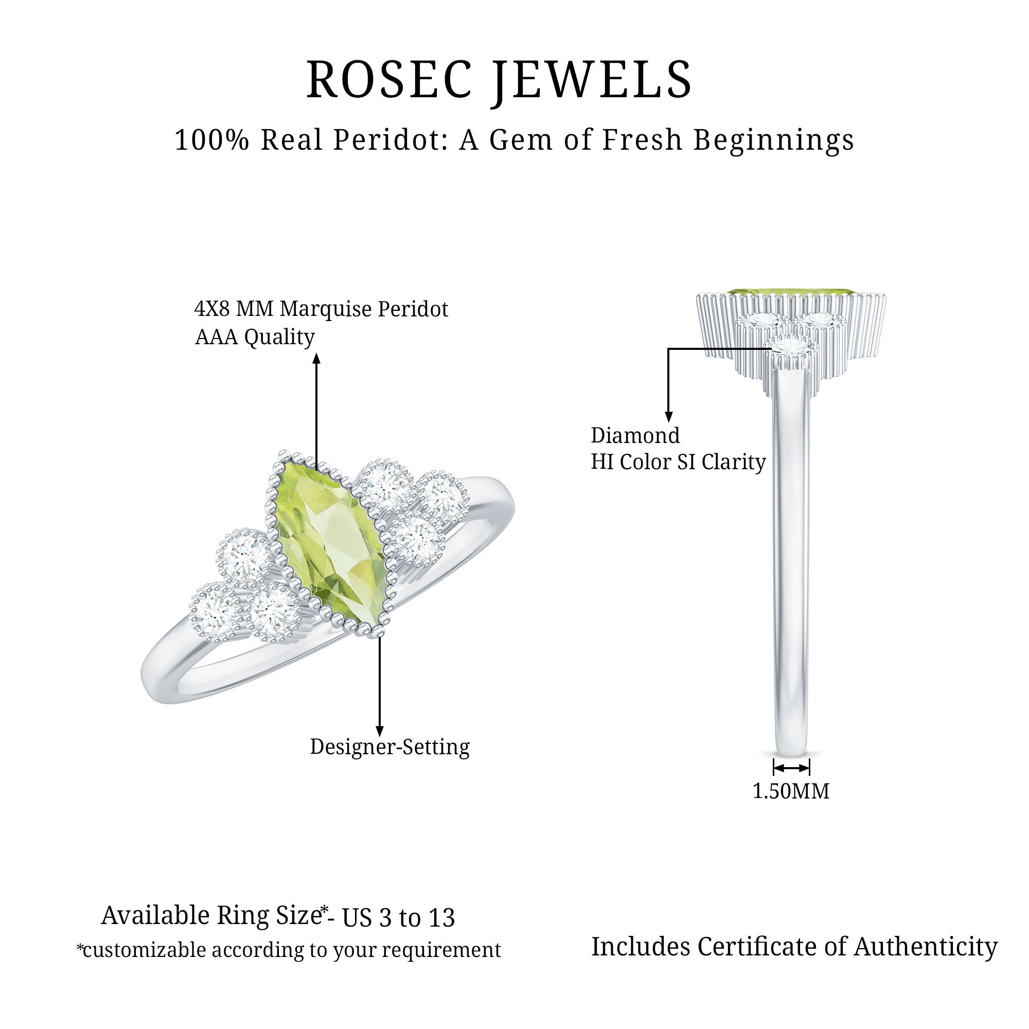 Natural 0.7 Carat Marquise Shape Peridot Engagement Ring with Diamond AAA - Rosec Jewels