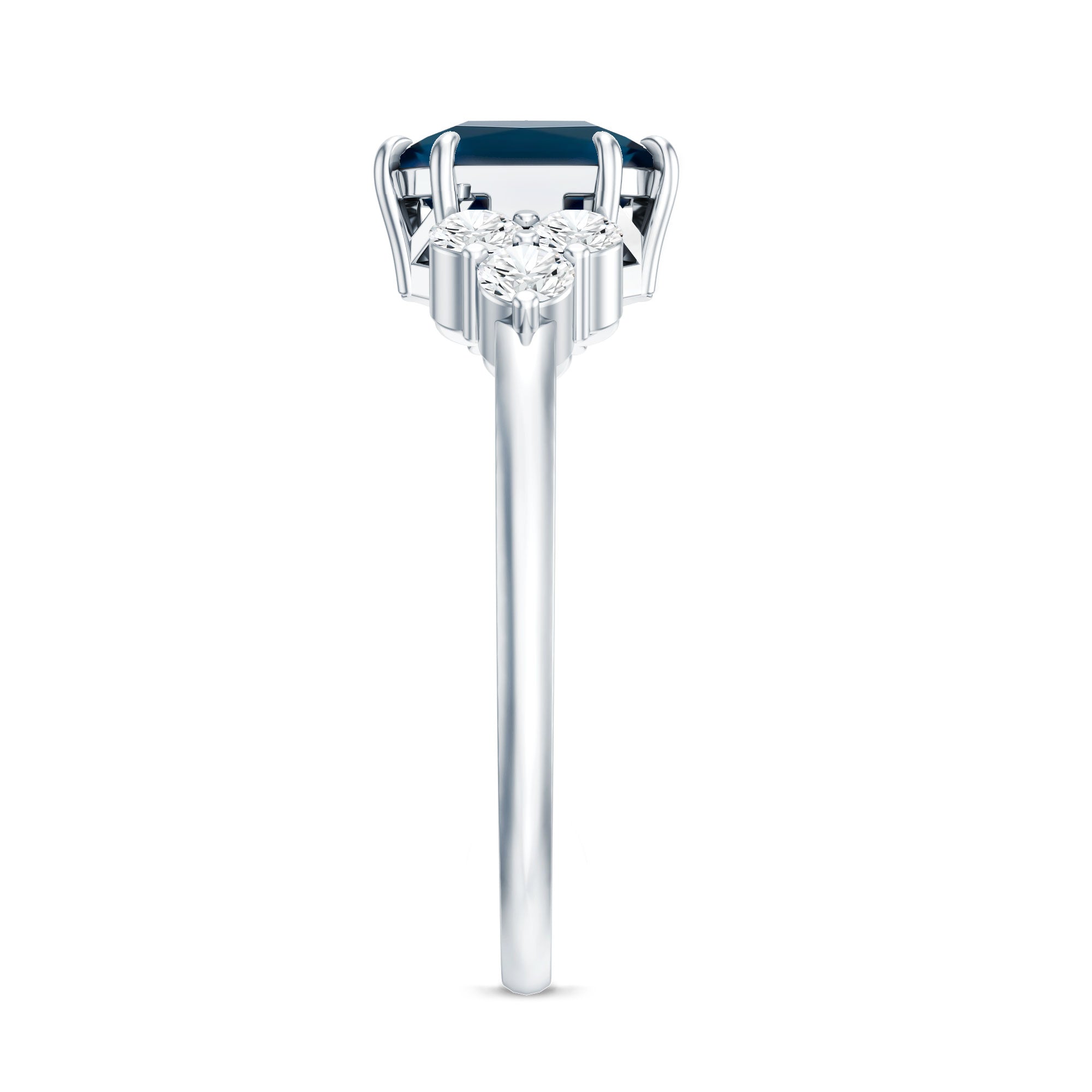 Asscher Cut London Blue Topaz Solitaire Engagement Ring with Diamond Trio AAA - Rosec Jewels