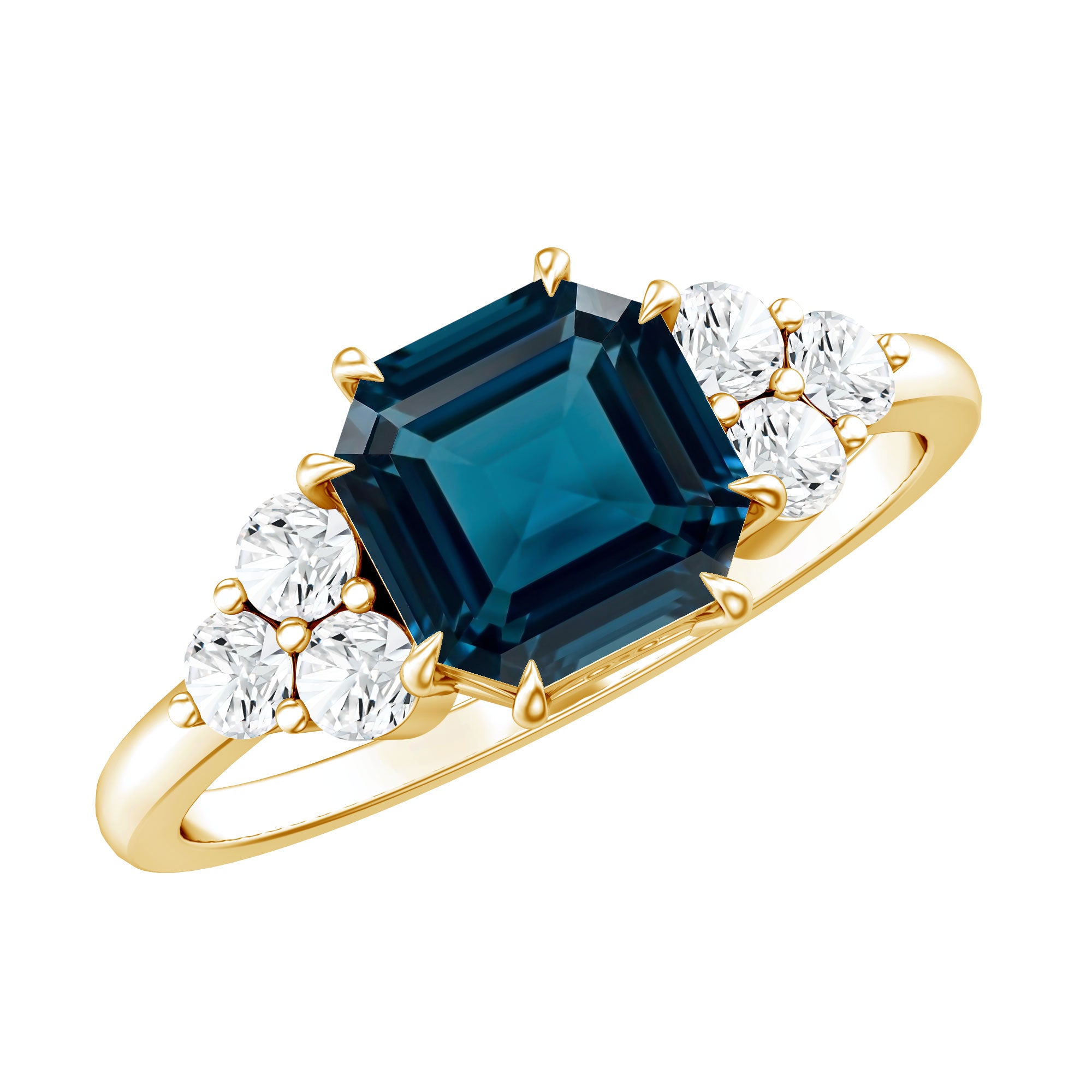 Asscher Cut London Blue Topaz Solitaire Engagement Ring with Diamond Trio AAA - Rosec Jewels