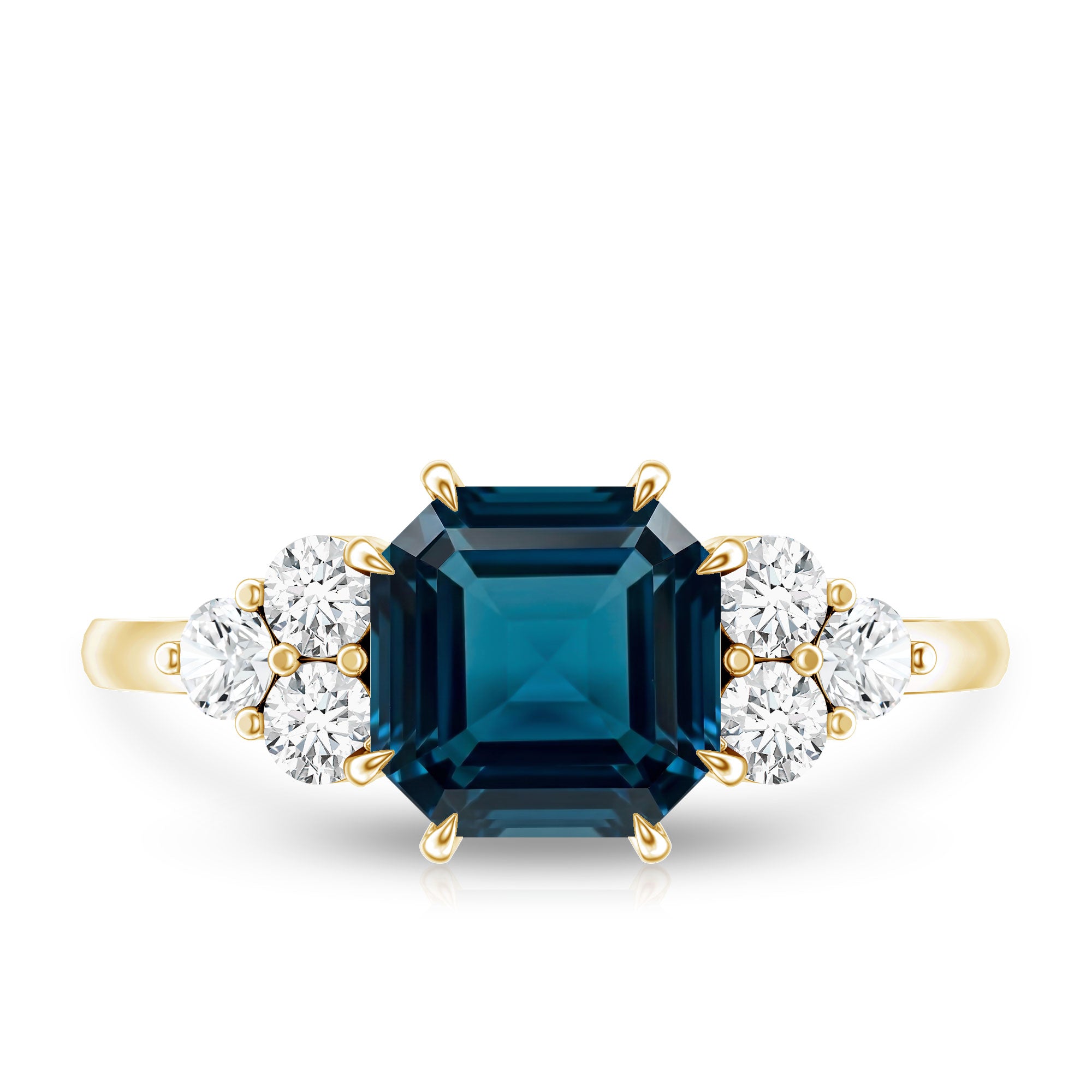 Asscher Cut London Blue Topaz Solitaire Engagement Ring with Diamond Trio AAA - Rosec Jewels