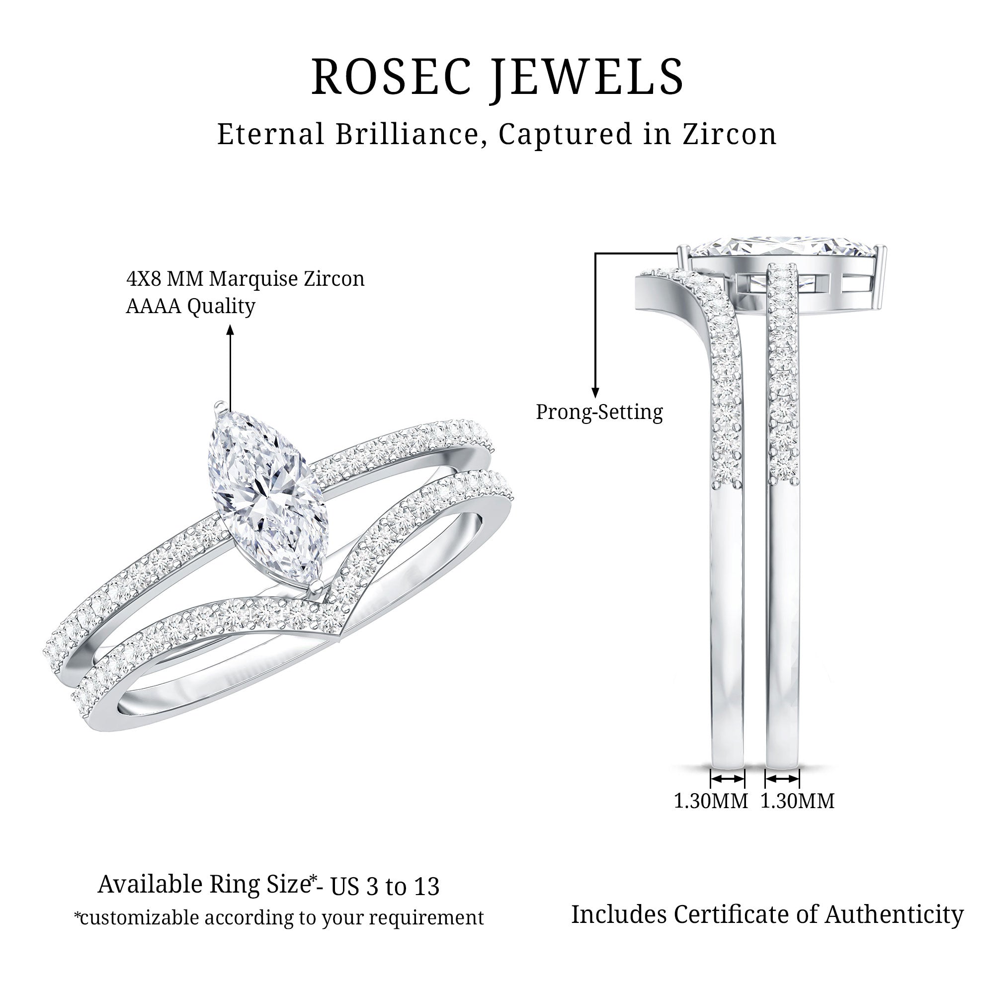 Certified Marquise Cut Zircon Wedding Ring Set for Women AAAA - Rosec Jewels