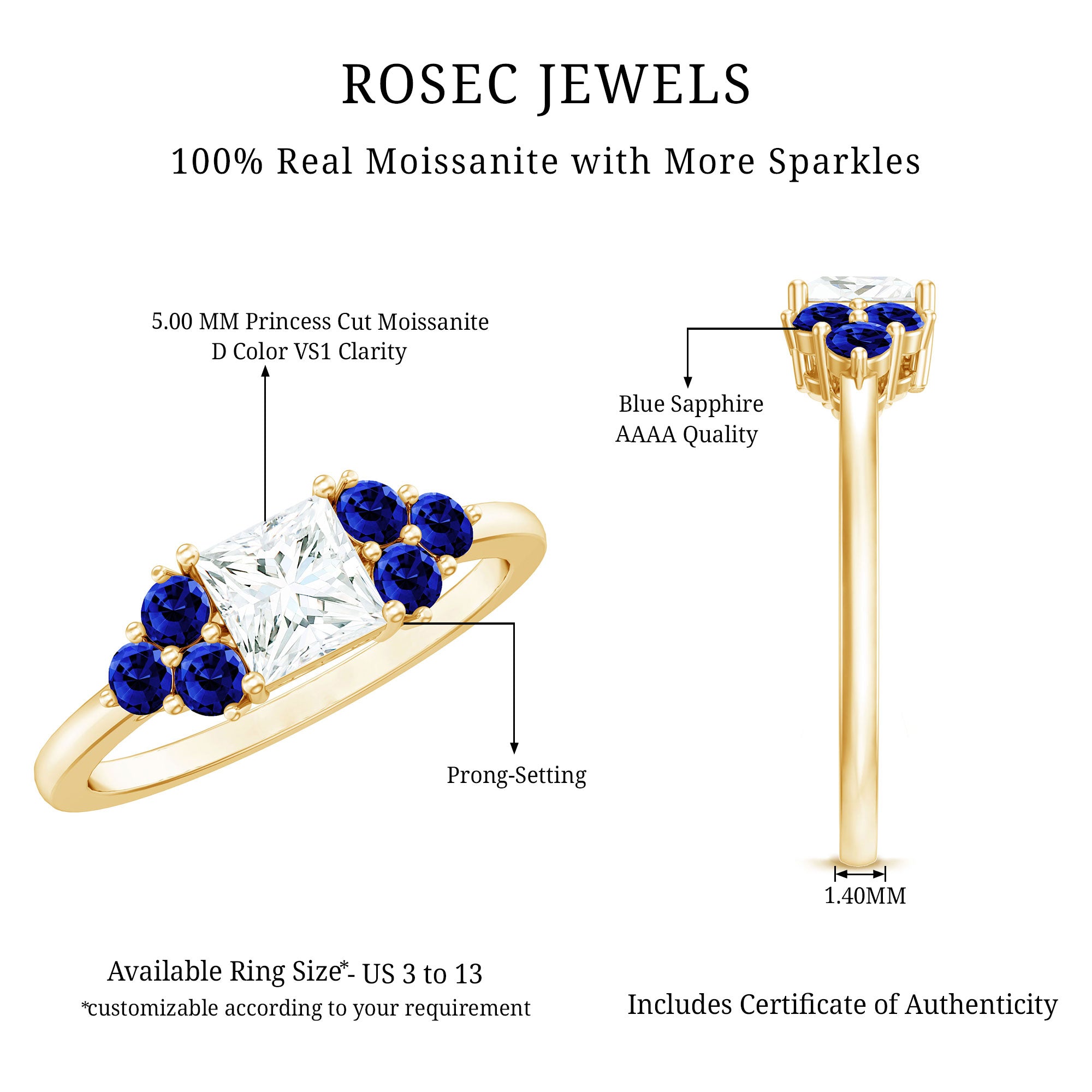 Rosec Jewels-Moissanite Princess Cut Engagement Ring With Lab Grown Blue Sapphire