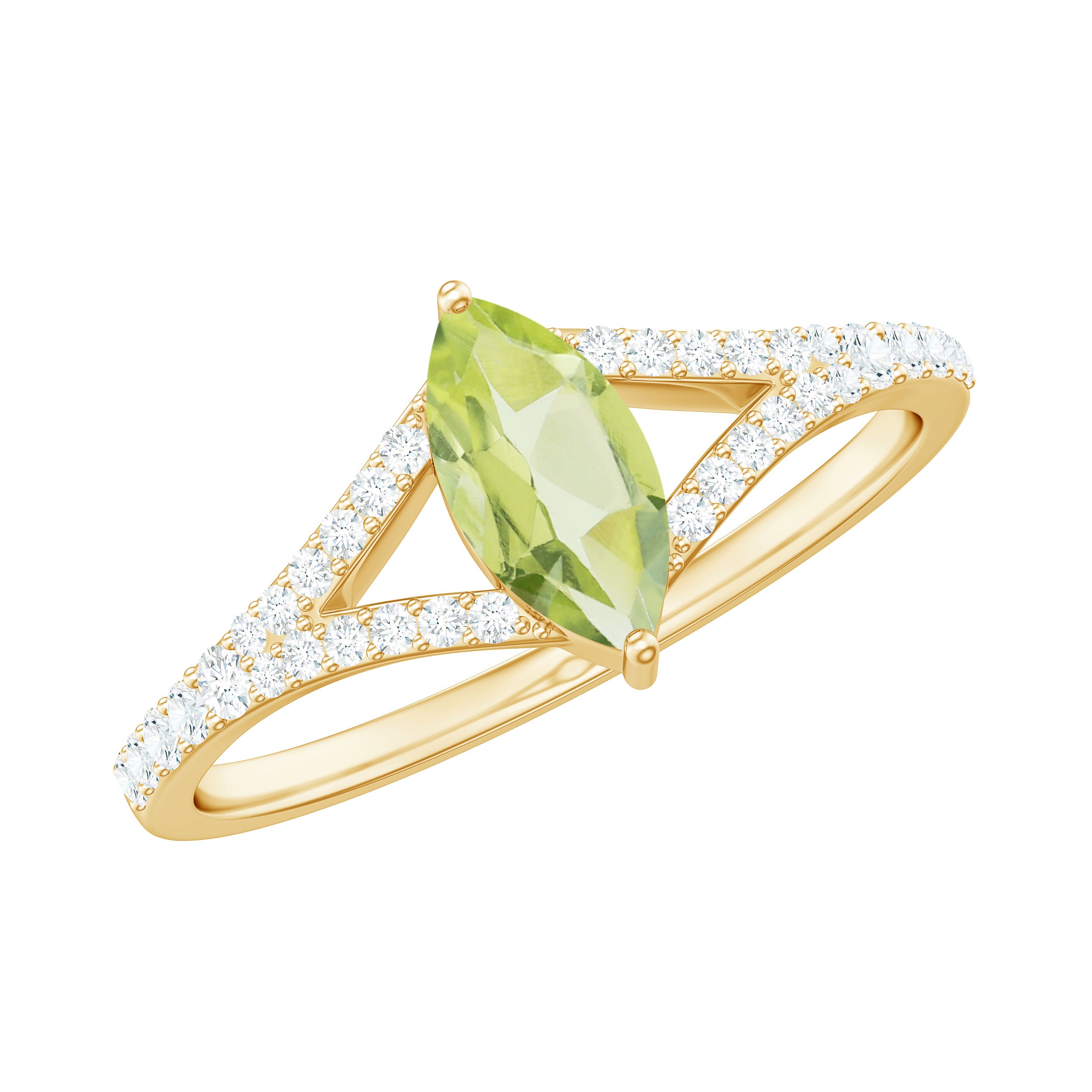 Natural 0.7 Carat Marquise Shape Peridot Promise Ring with Diamond Split Shank AAA - Rosec Jewels